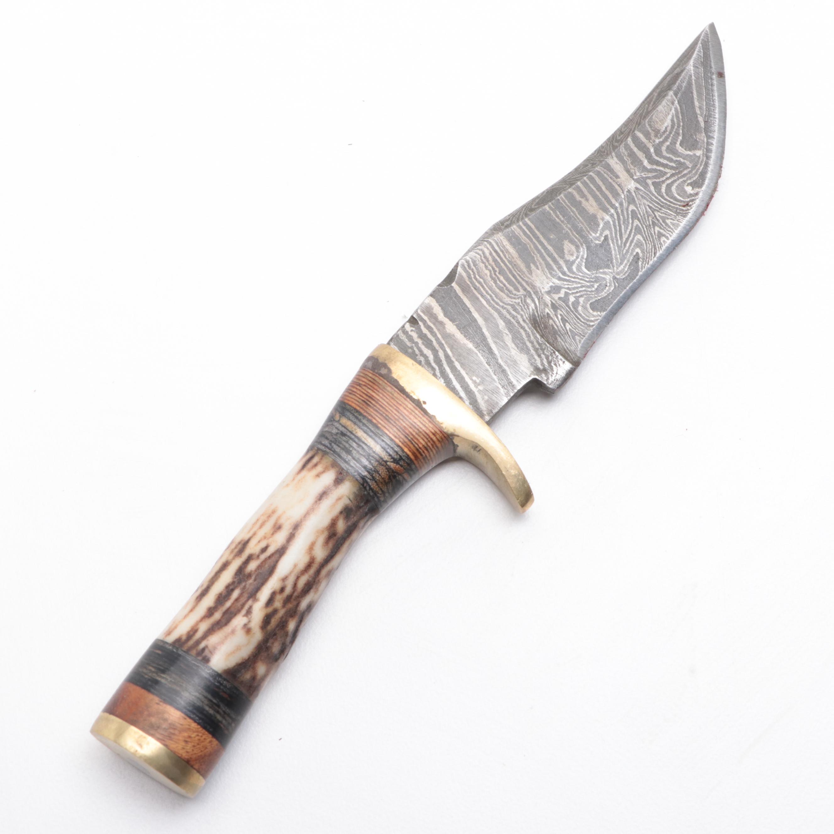 Antler Handled and Damascus Steel Fixed Blade Knives with Scabbards