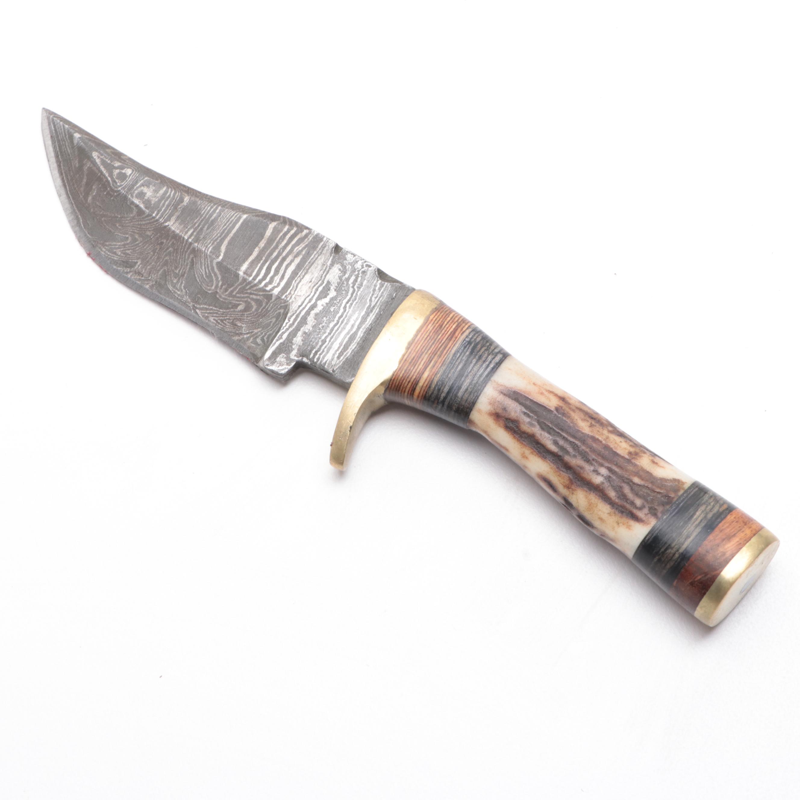 Antler Handled and Damascus Steel Fixed Blade Knives with Scabbards