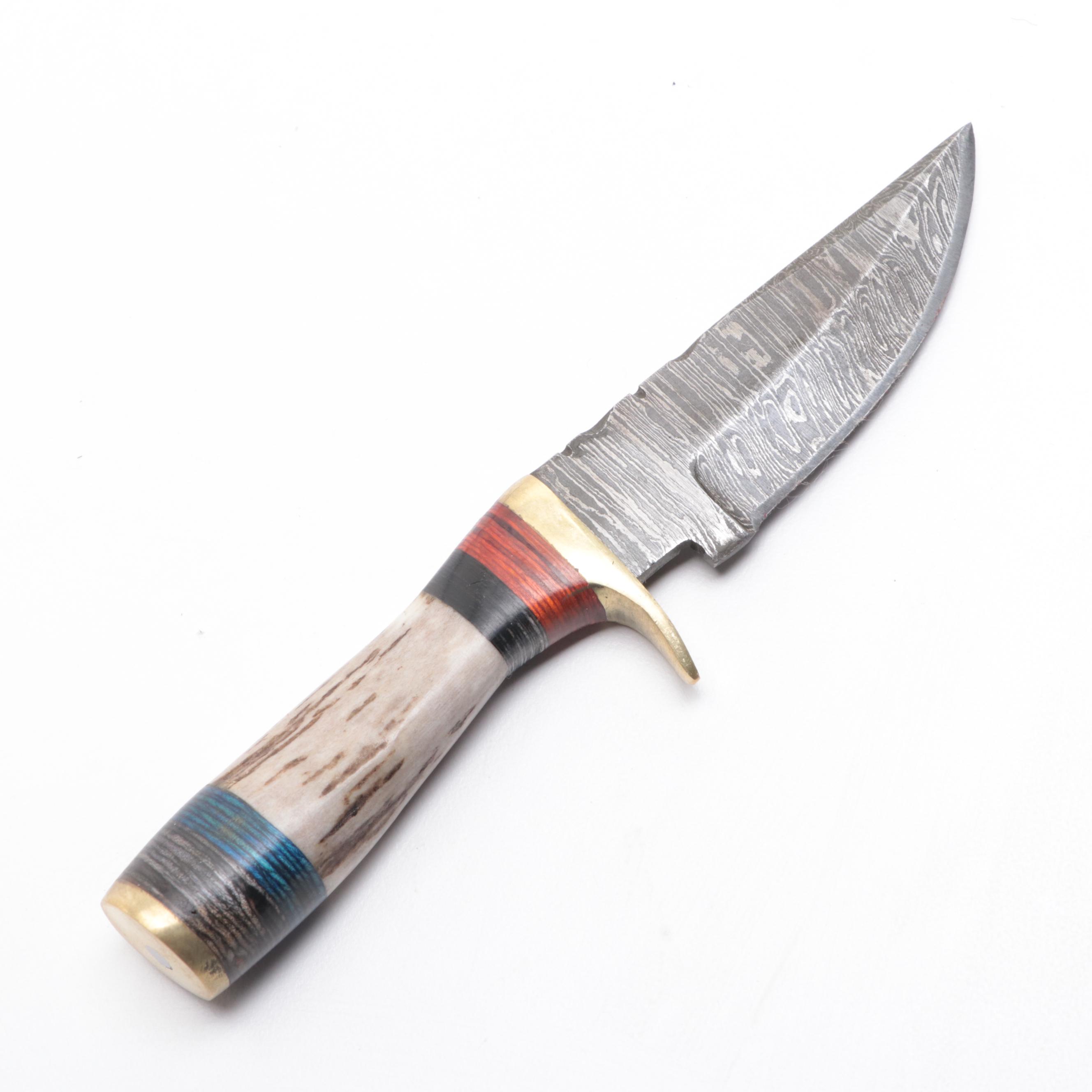 Antler Handled and Damascus Steel Fixed Blade Knives with Scabbards