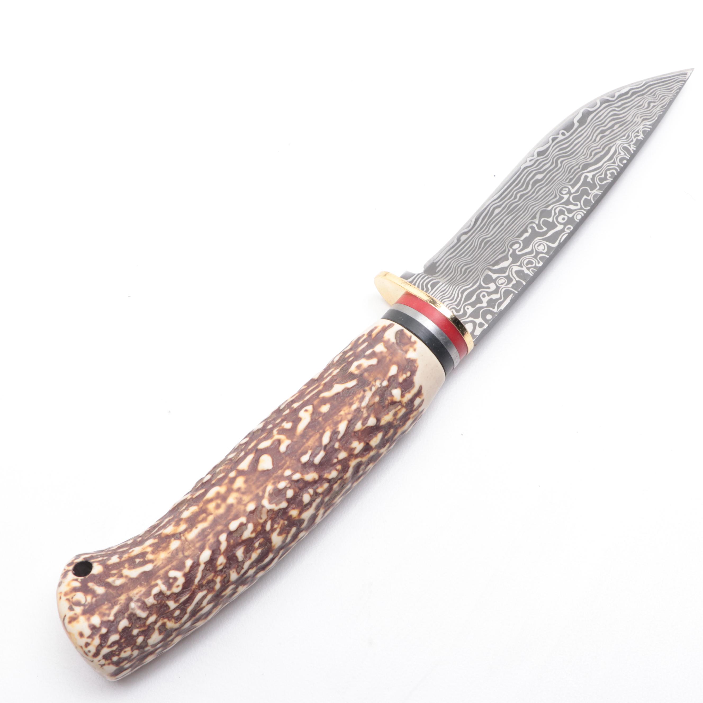 Antler Handled and Damascus Steel Fixed Blade Knives with Scabbards