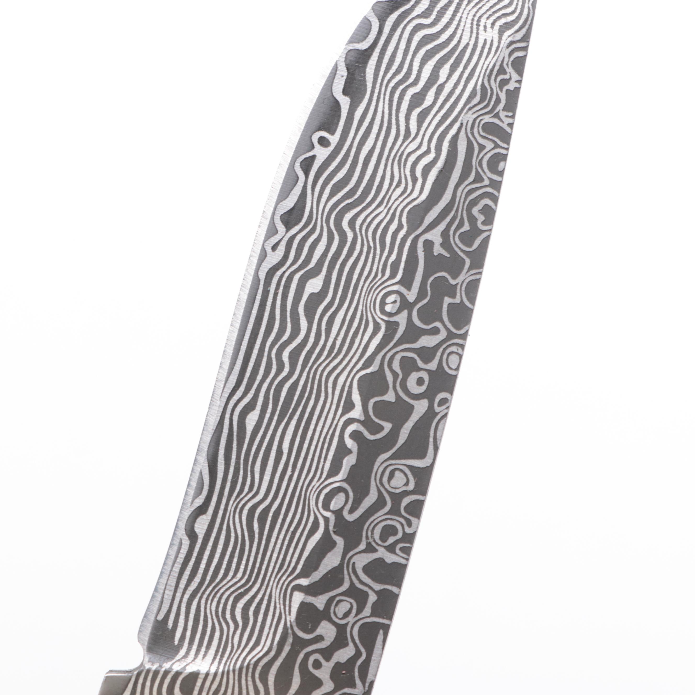 Antler Handled and Damascus Steel Fixed Blade Knives with Scabbards