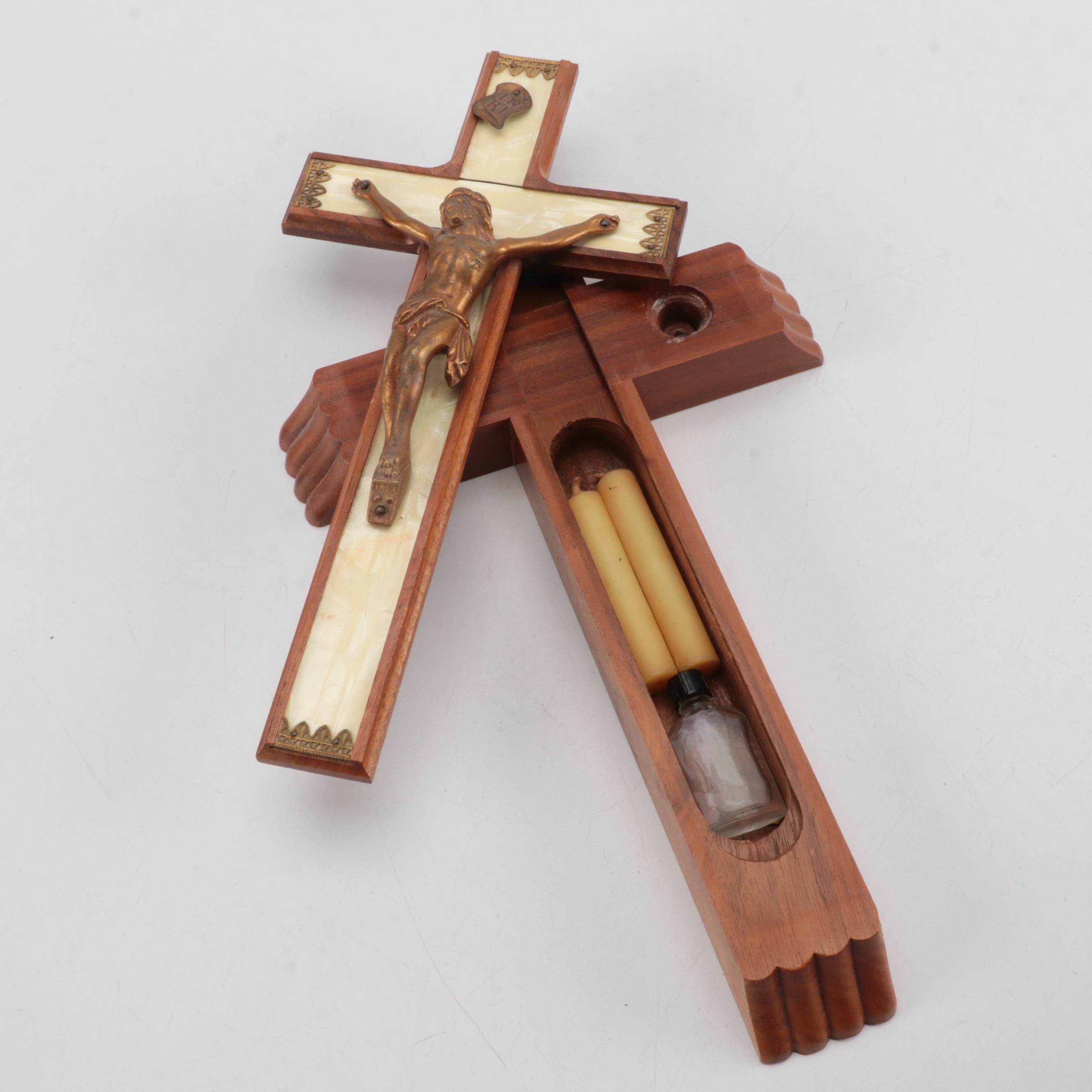 Catholic Sick Call Box With Walnut Pillar Candle Holders, Crucifix and More
