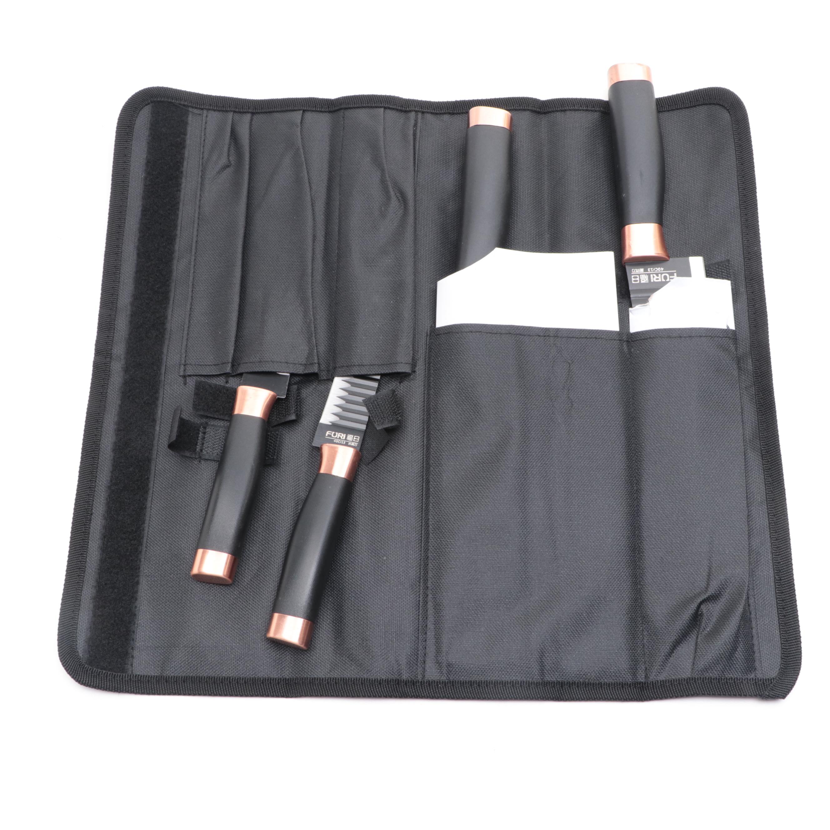 Furi Metal and Plastic Handled Carving and Butcher Knives with Knife Roll