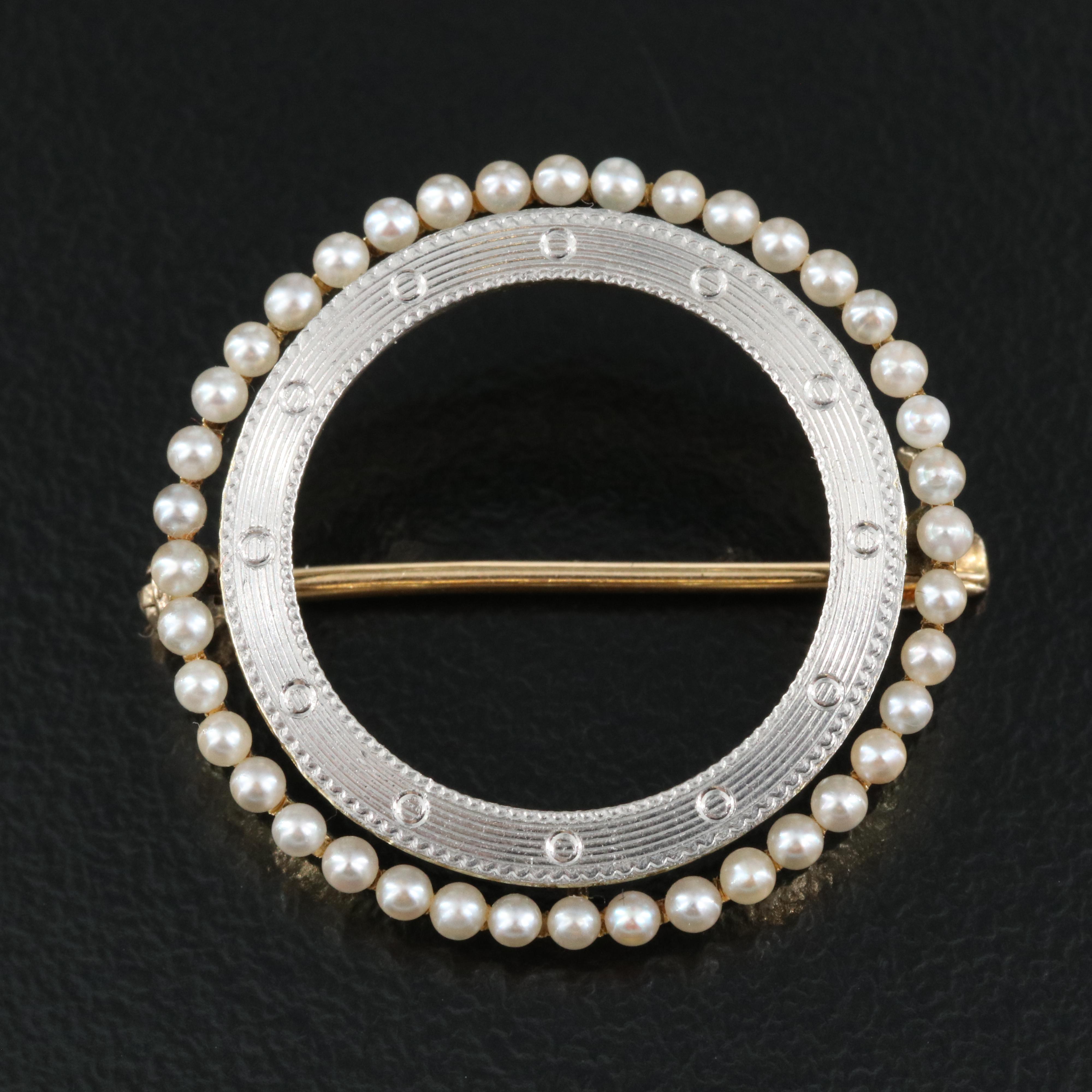 Art Deco 14K and Platinum Seed Pearl Circle Pin