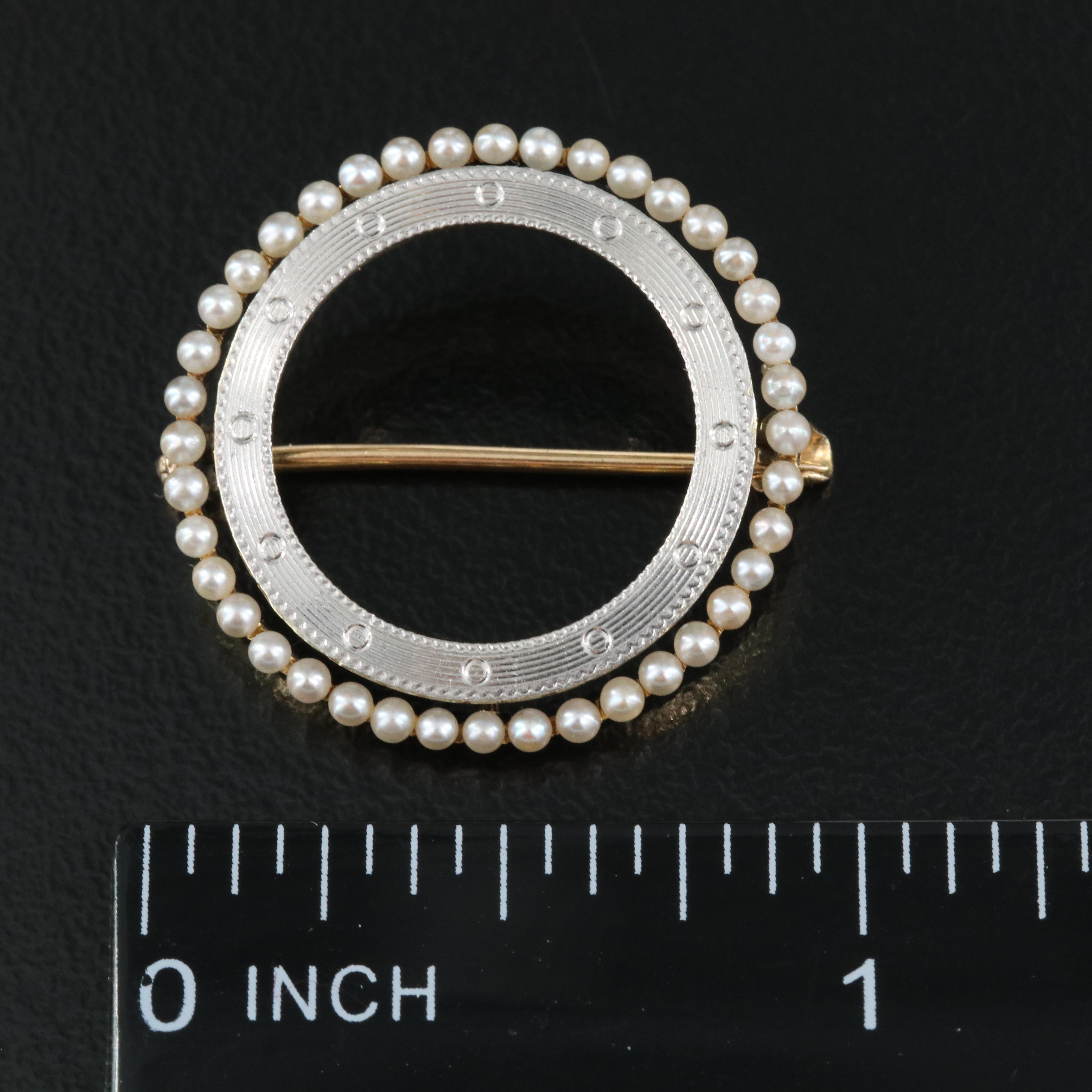 Art Deco 14K and Platinum Seed Pearl Circle Pin