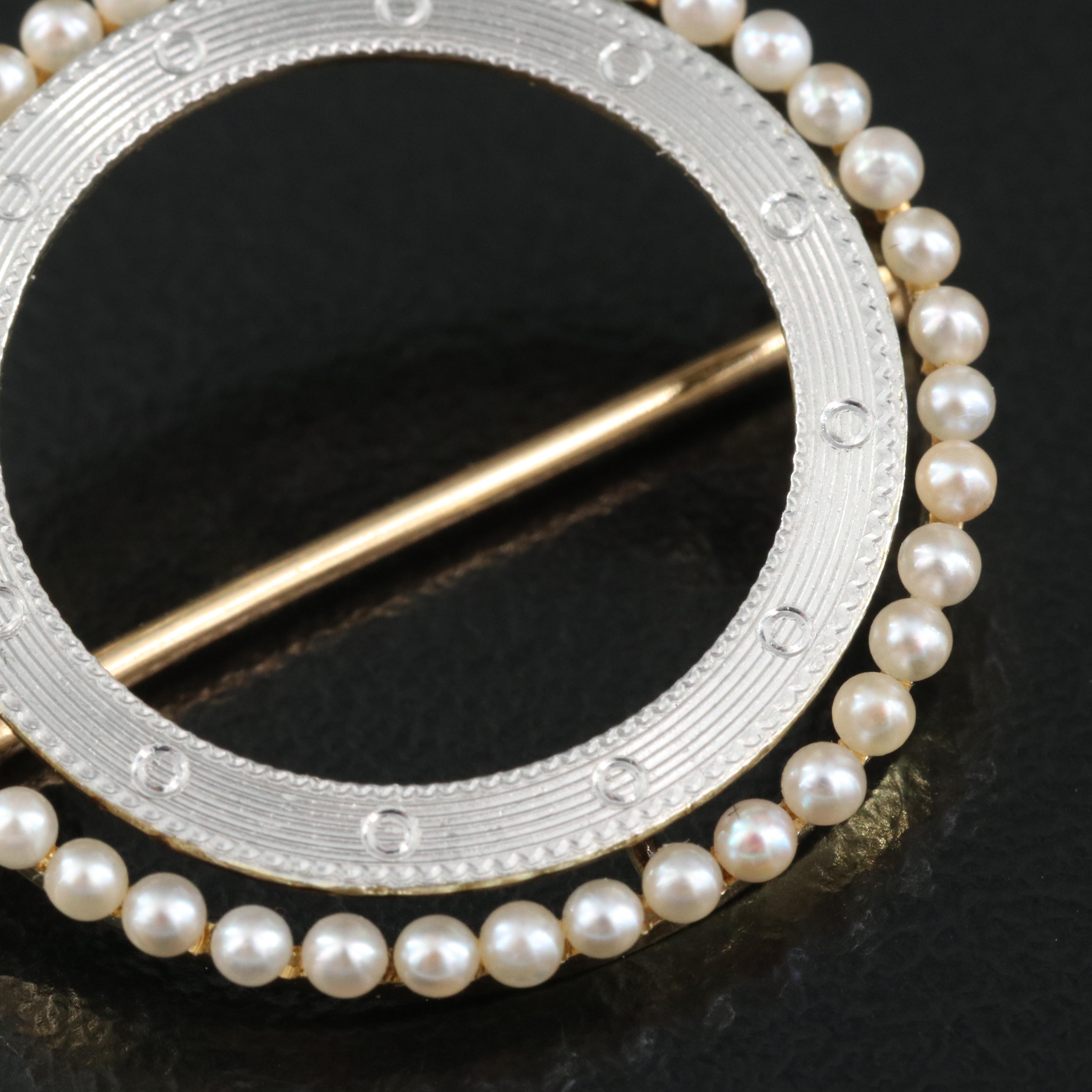 Art Deco 14K and Platinum Seed Pearl Circle Pin