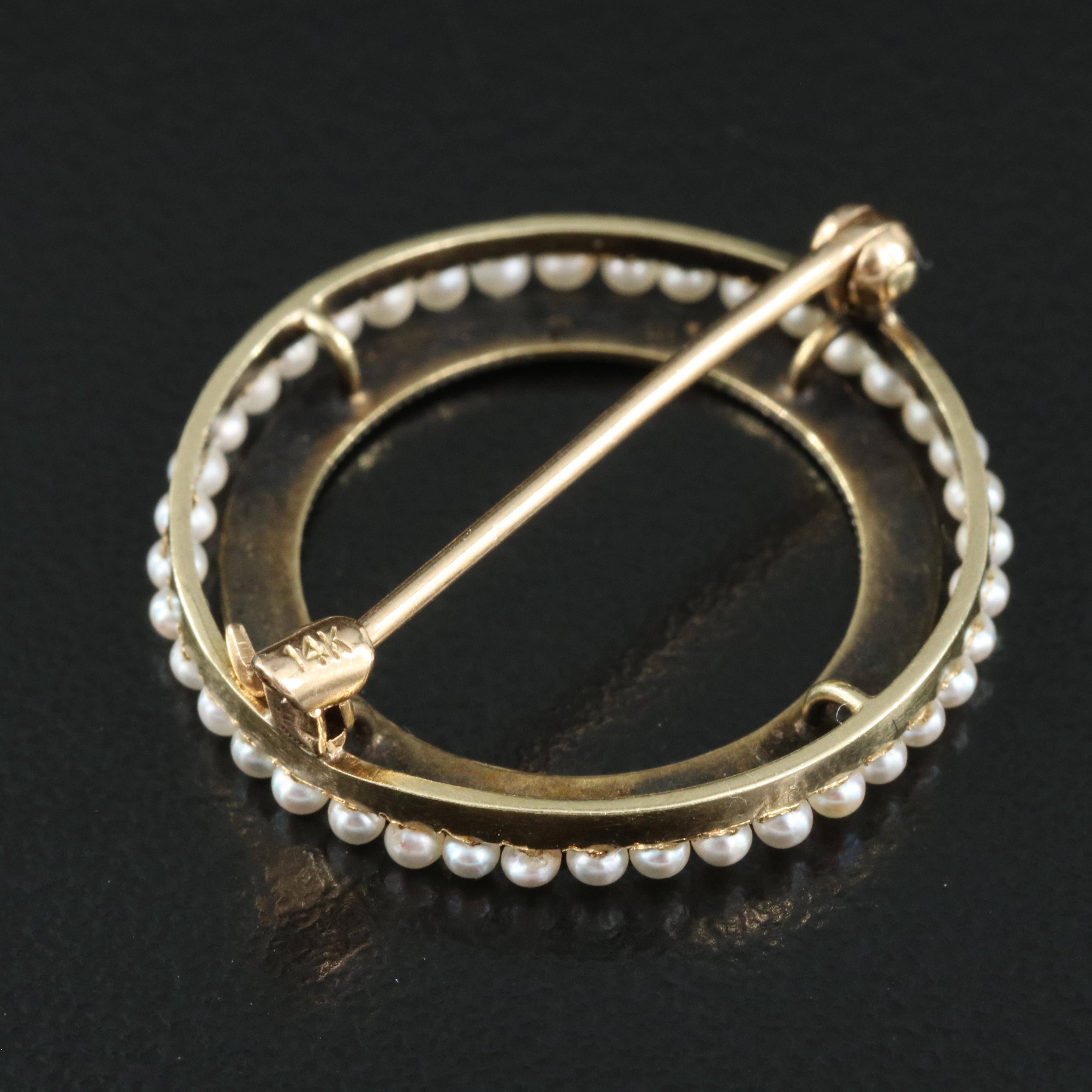 Art Deco 14K and Platinum Seed Pearl Circle Pin
