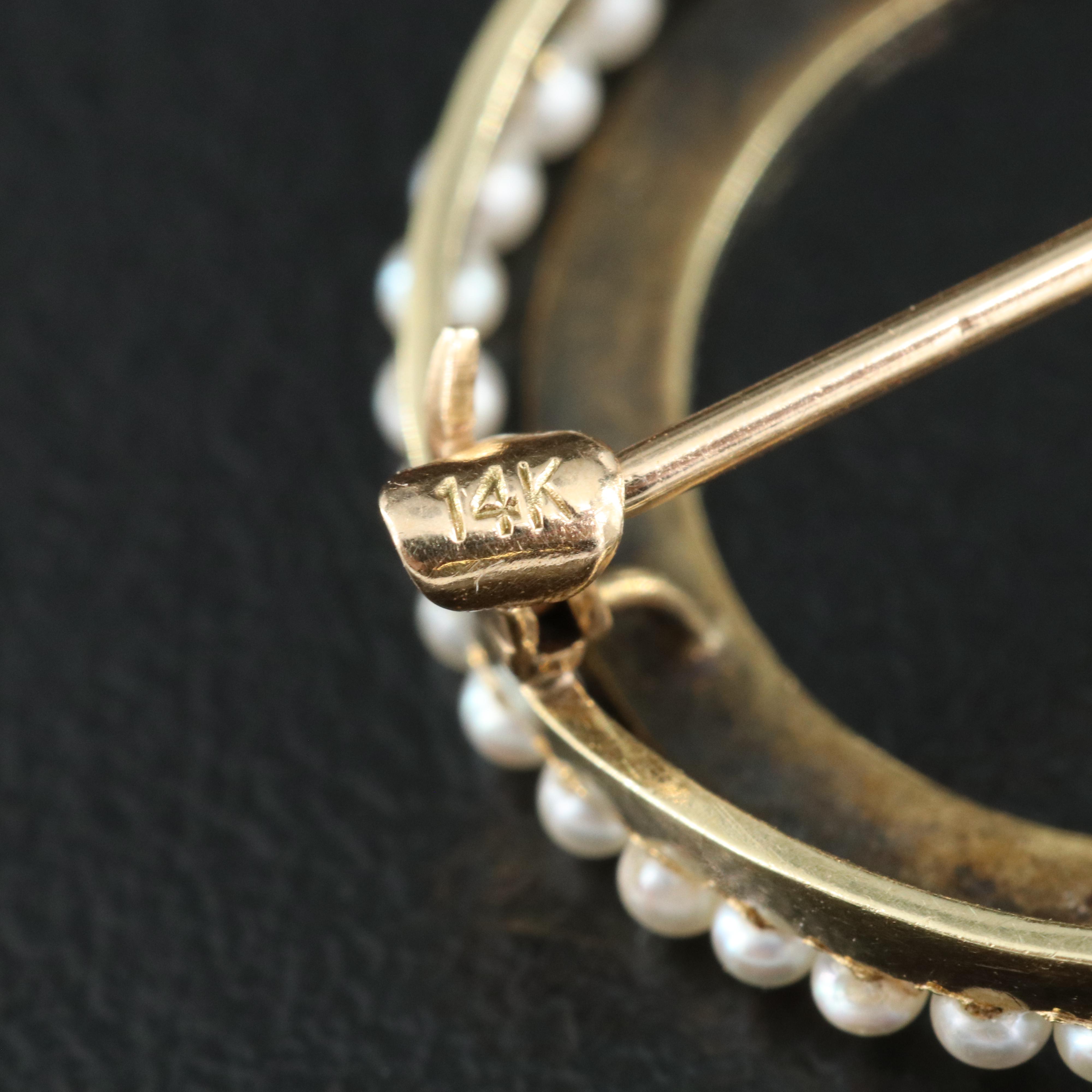 Art Deco 14K and Platinum Seed Pearl Circle Pin