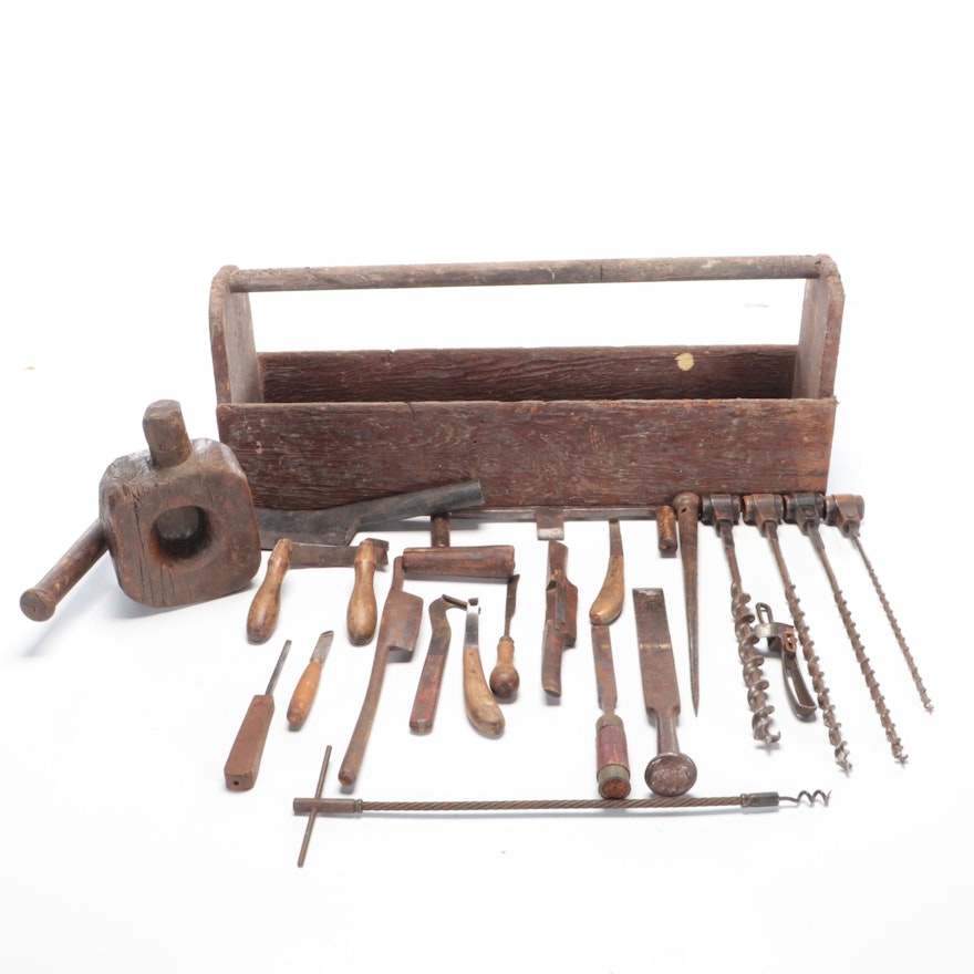 Carpenter's Hand Tools With Bung Hole Borers, Rasps and Wooden Toolbox