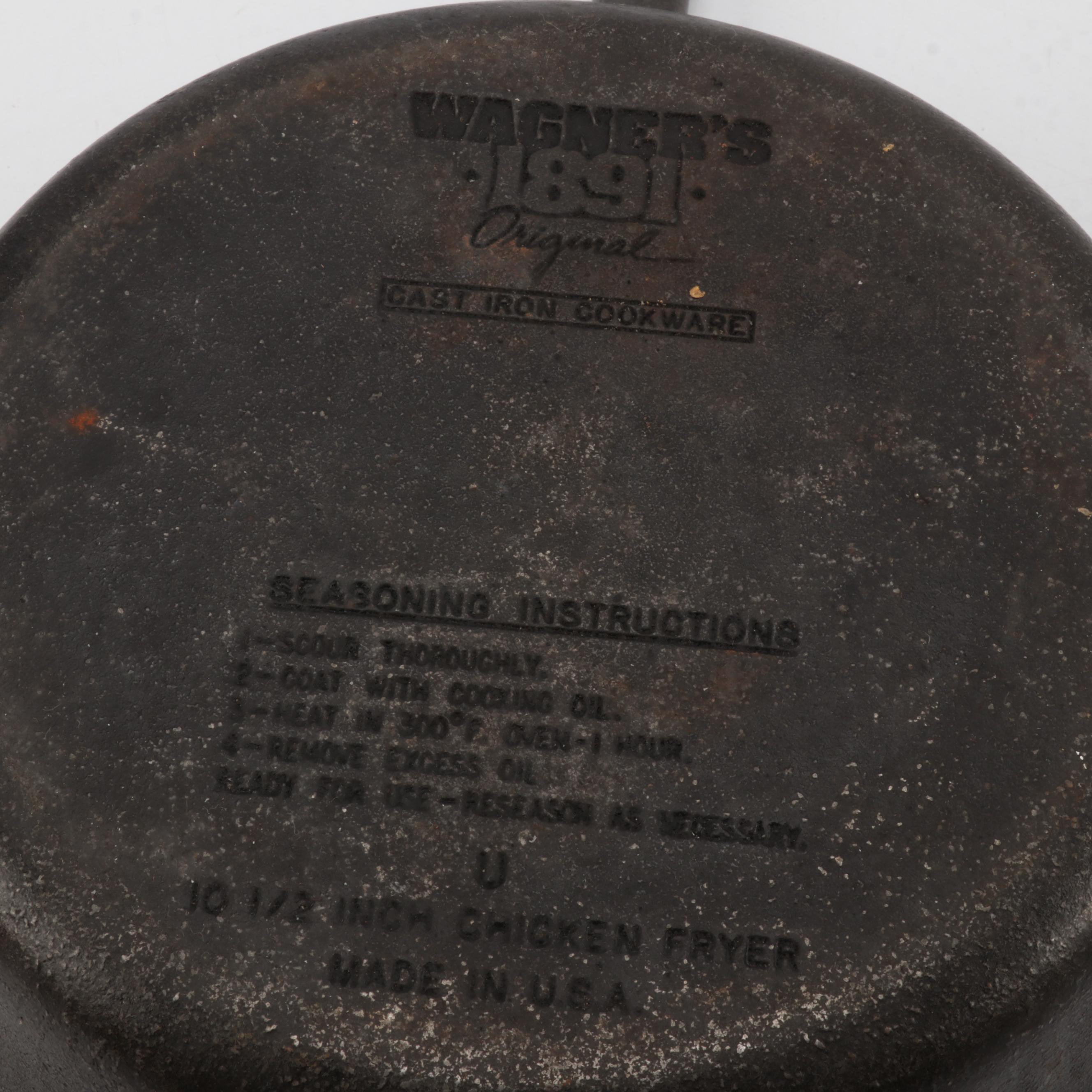 Wagner's 10 1/2 Inch Chicken Fryer with Other Cast Iron Skillets and Pans