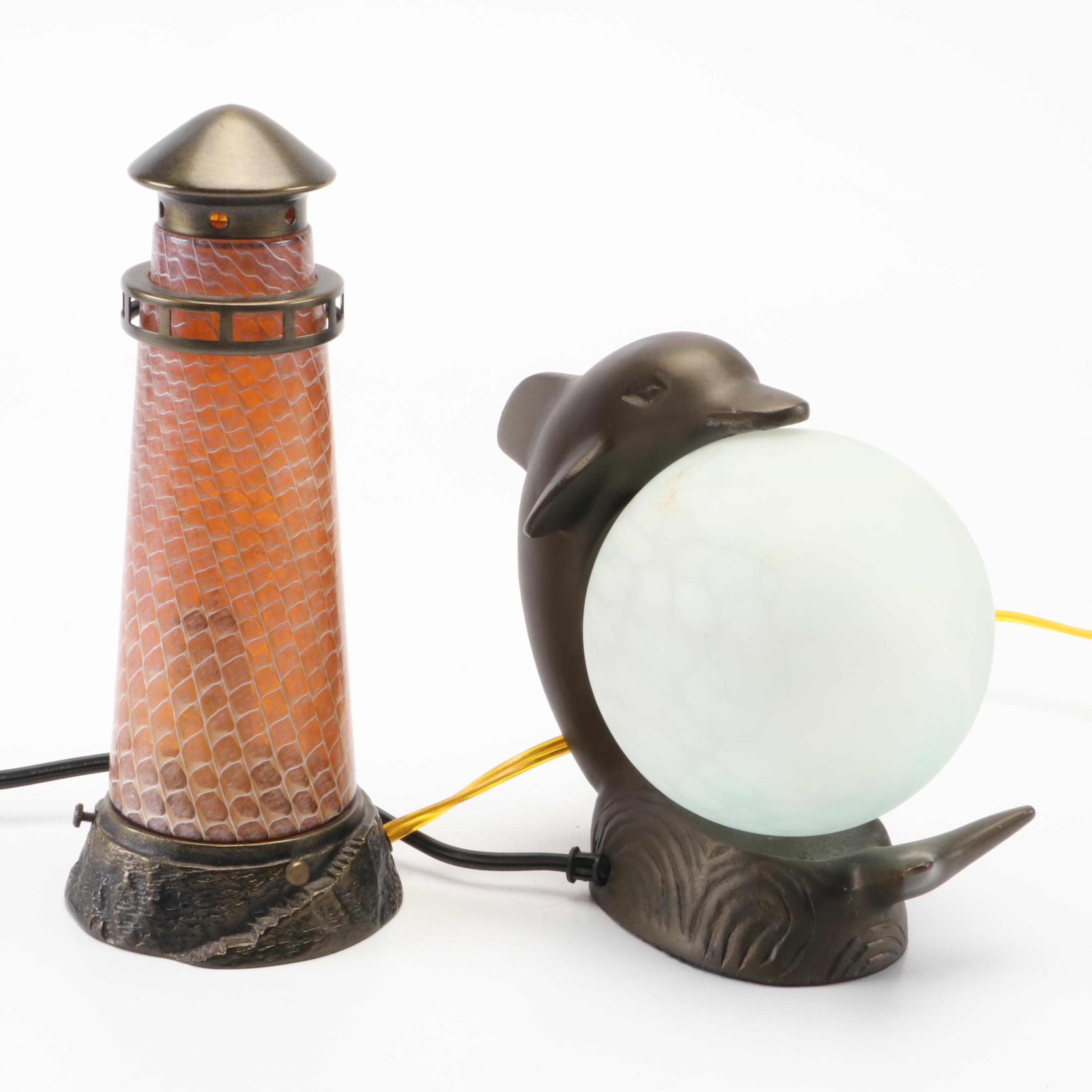Blown Glass Lighthouse and Dolphin Accent Lamps