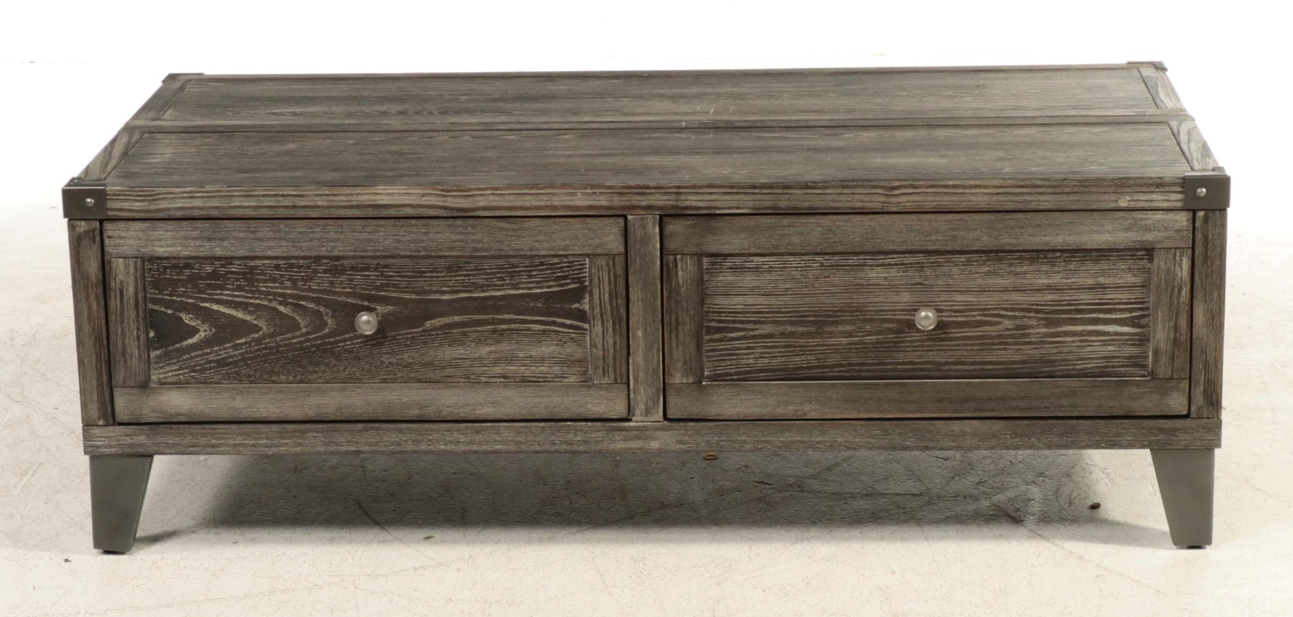 Contemporary Weathered Finish Adjustable Height Coffee Table with Drawers