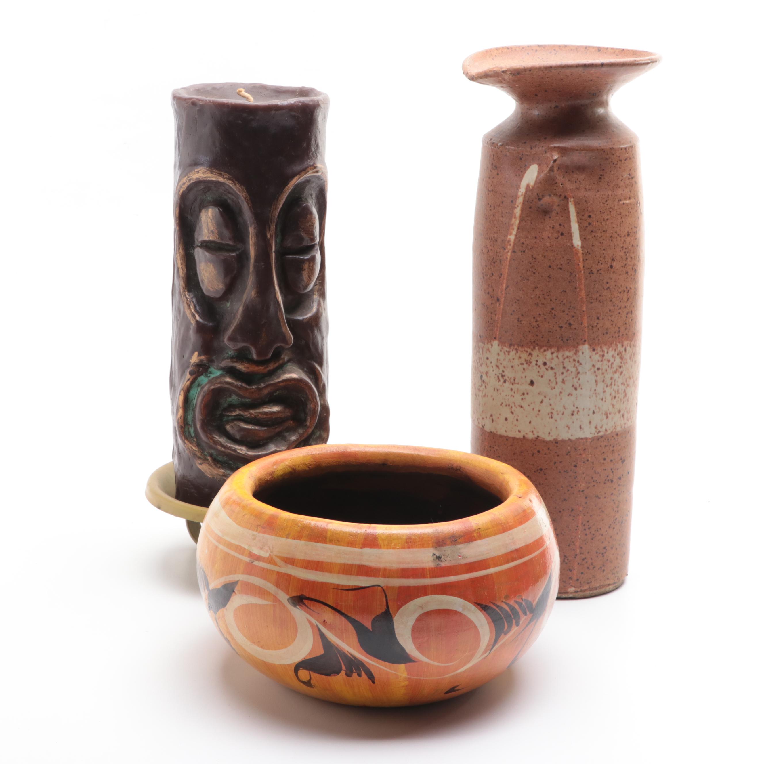 German Tiki Painted Pillar Candle, Pottery Vase and Painted Earthenware Planter