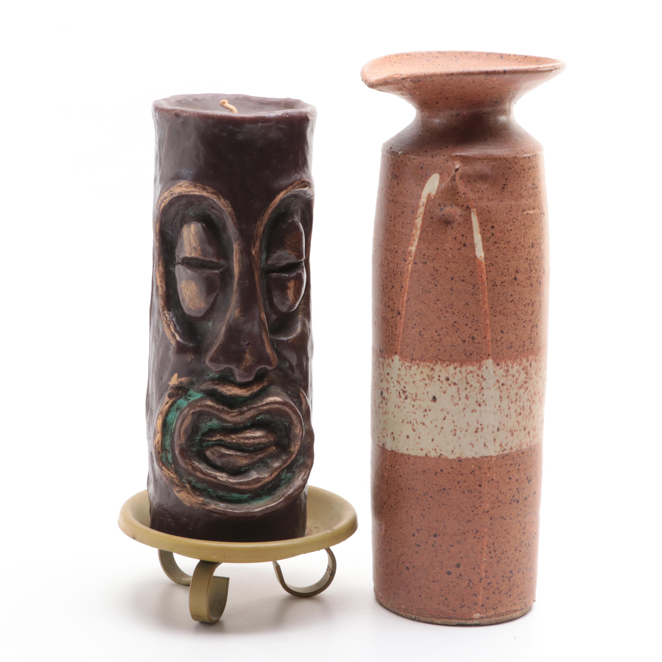 German Tiki Painted Pillar Candle, Pottery Vase and Painted Earthenware Planter