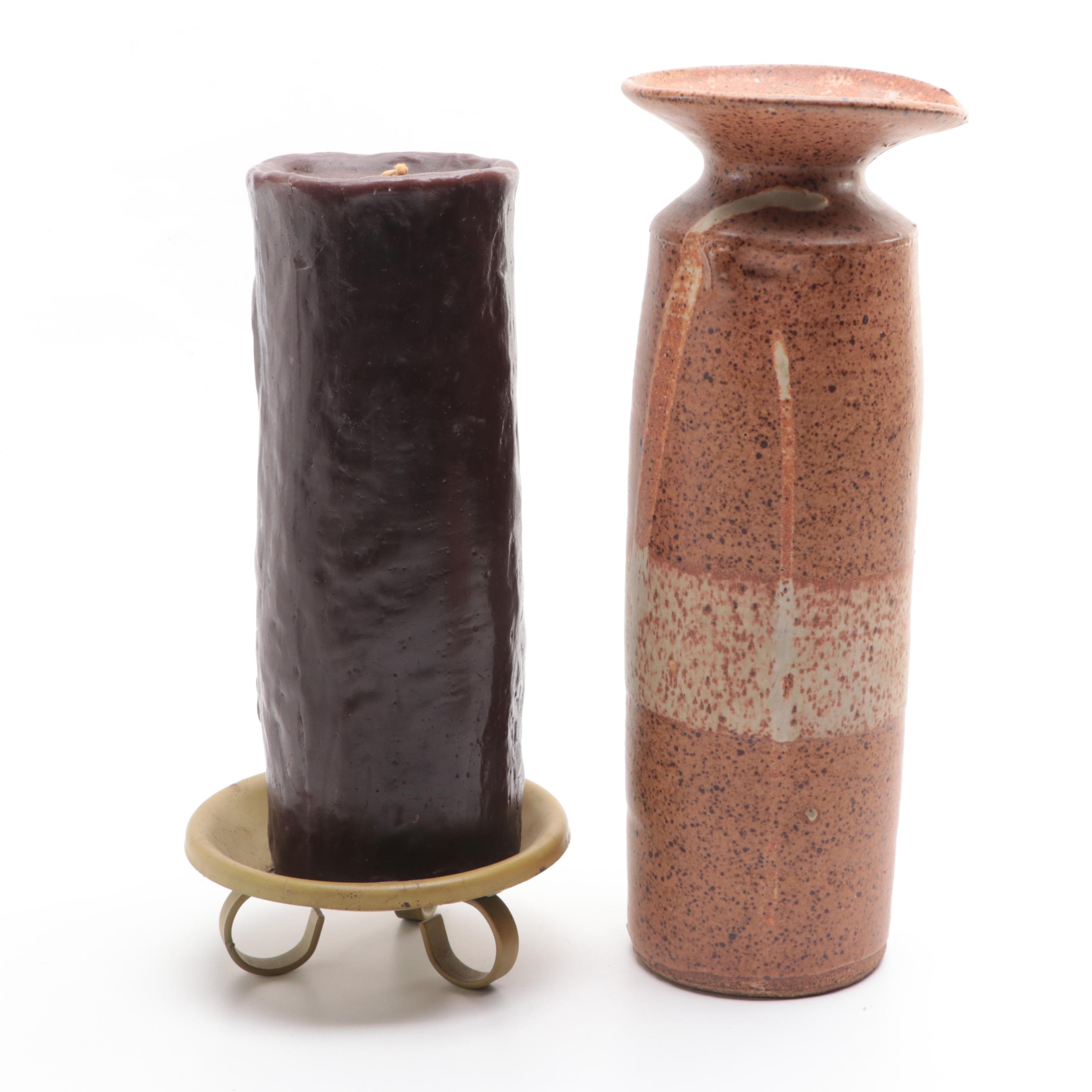 German Tiki Painted Pillar Candle, Pottery Vase and Painted Earthenware Planter