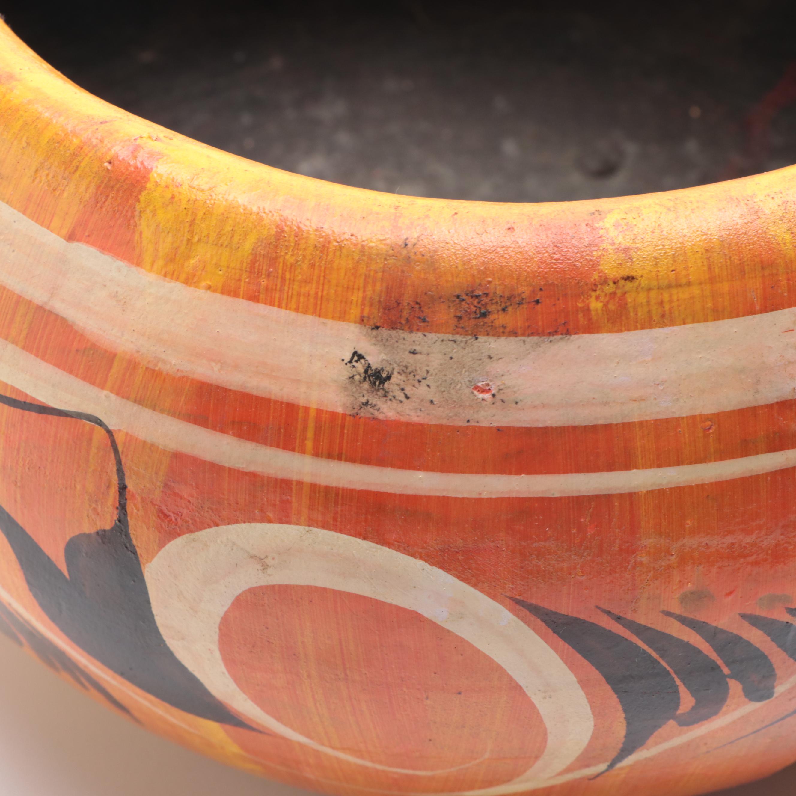 German Tiki Painted Pillar Candle, Pottery Vase and Painted Earthenware Planter