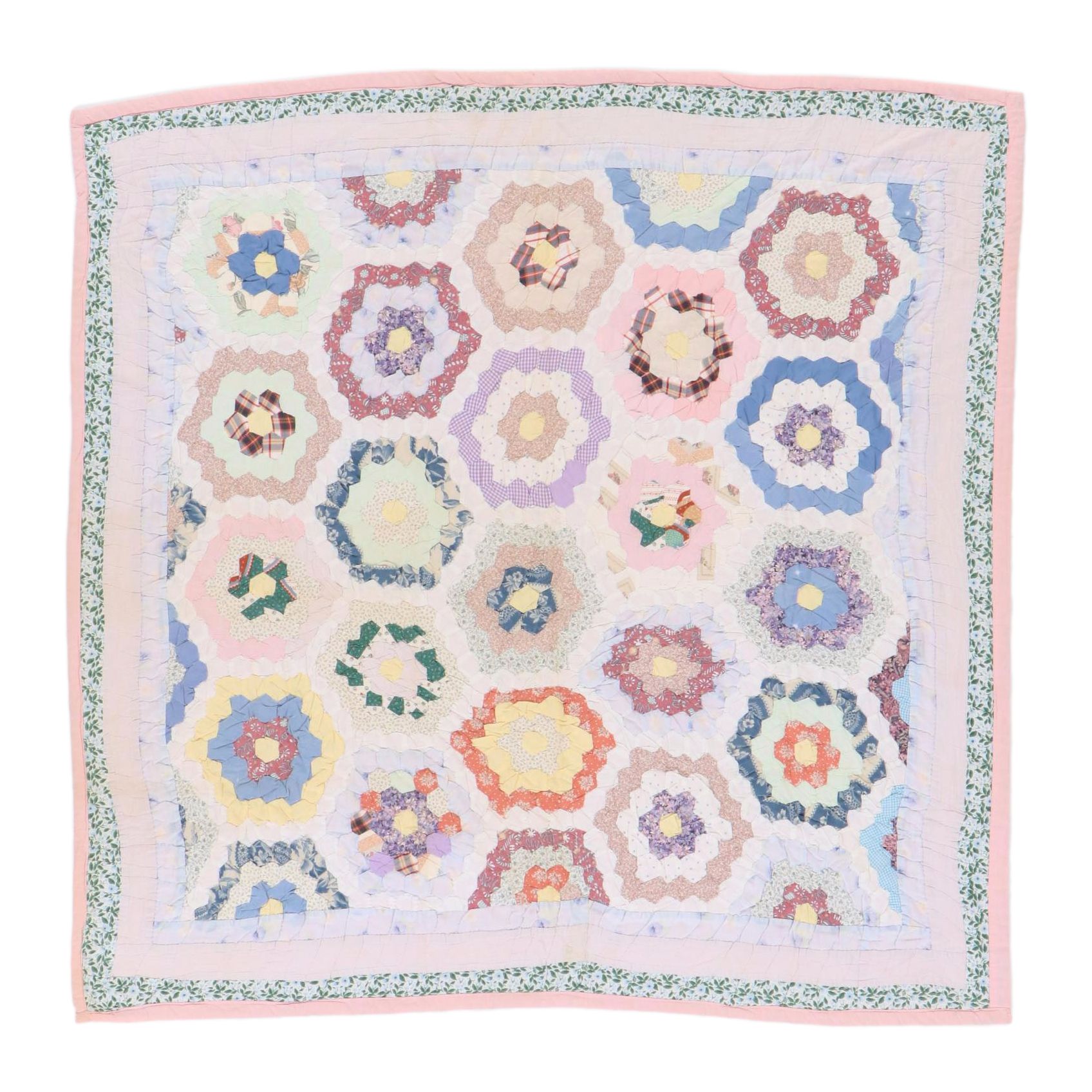 Handmade "Grandmother's Flower Garden" Patchwork Quilt