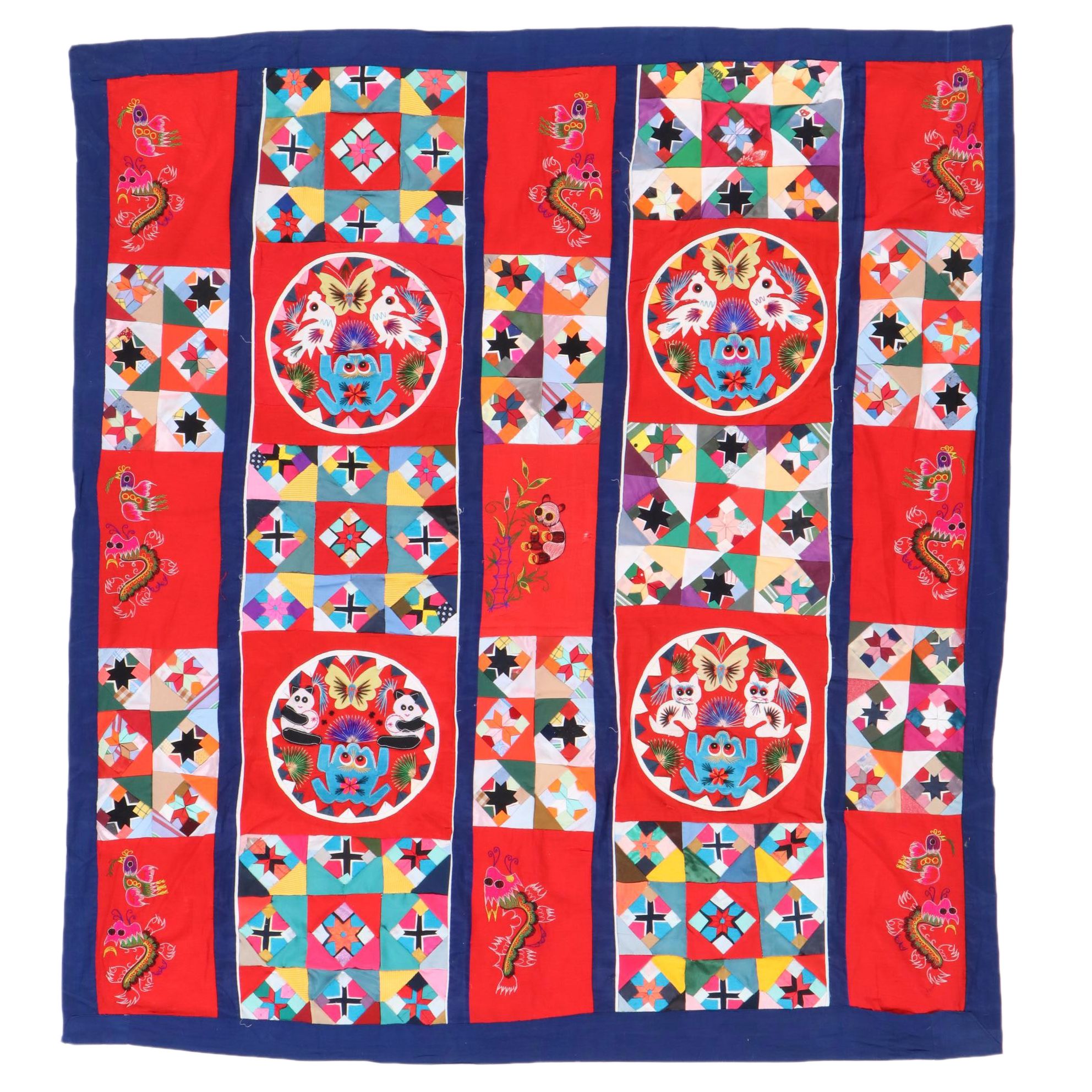 Chinese Embroidered and Appliqued  "Bai Jia Bei" One Hundred Families Quilt