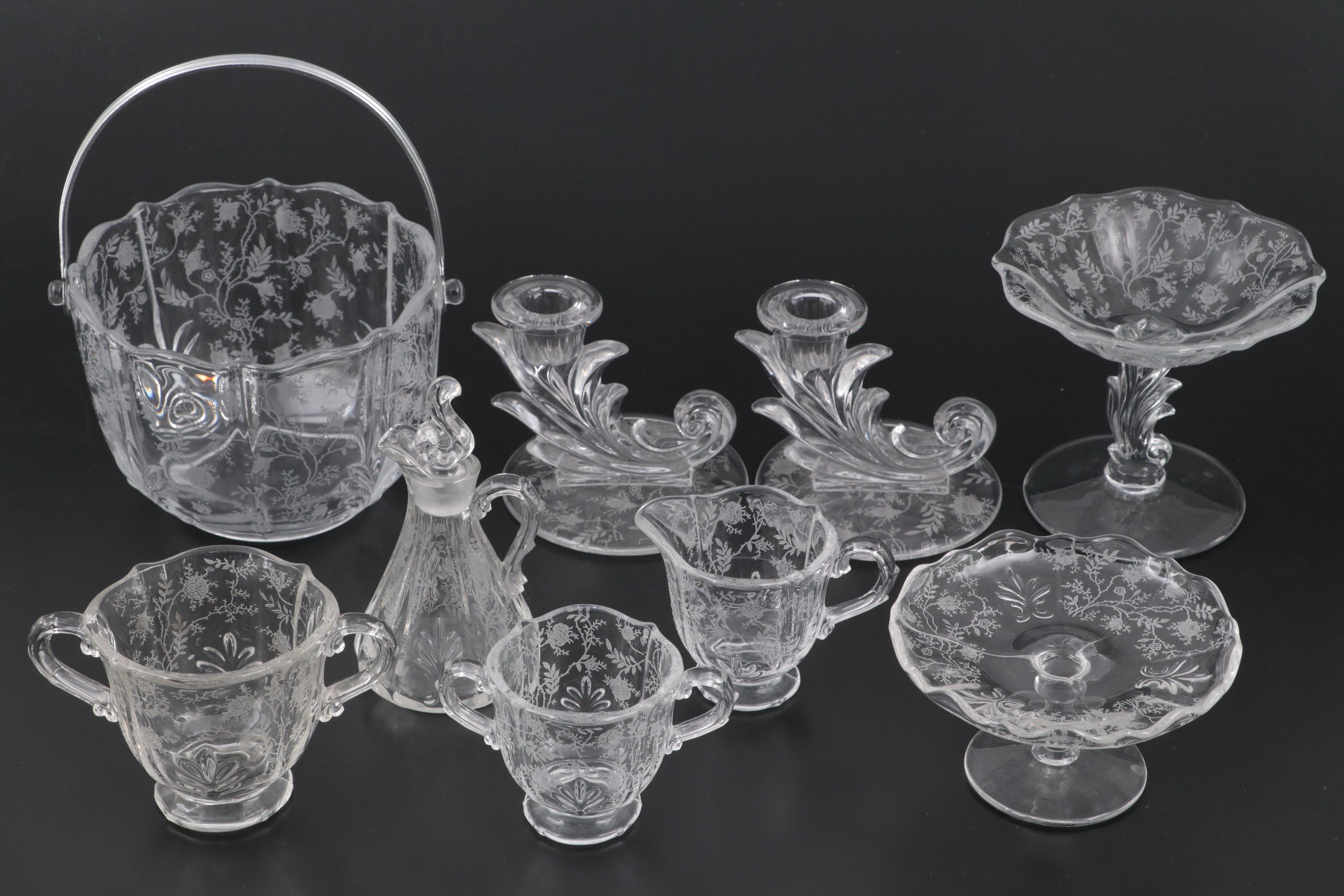 Fostoria Etchted Glass "Chintz" Serving Pieces and Tableware, 1940-1973