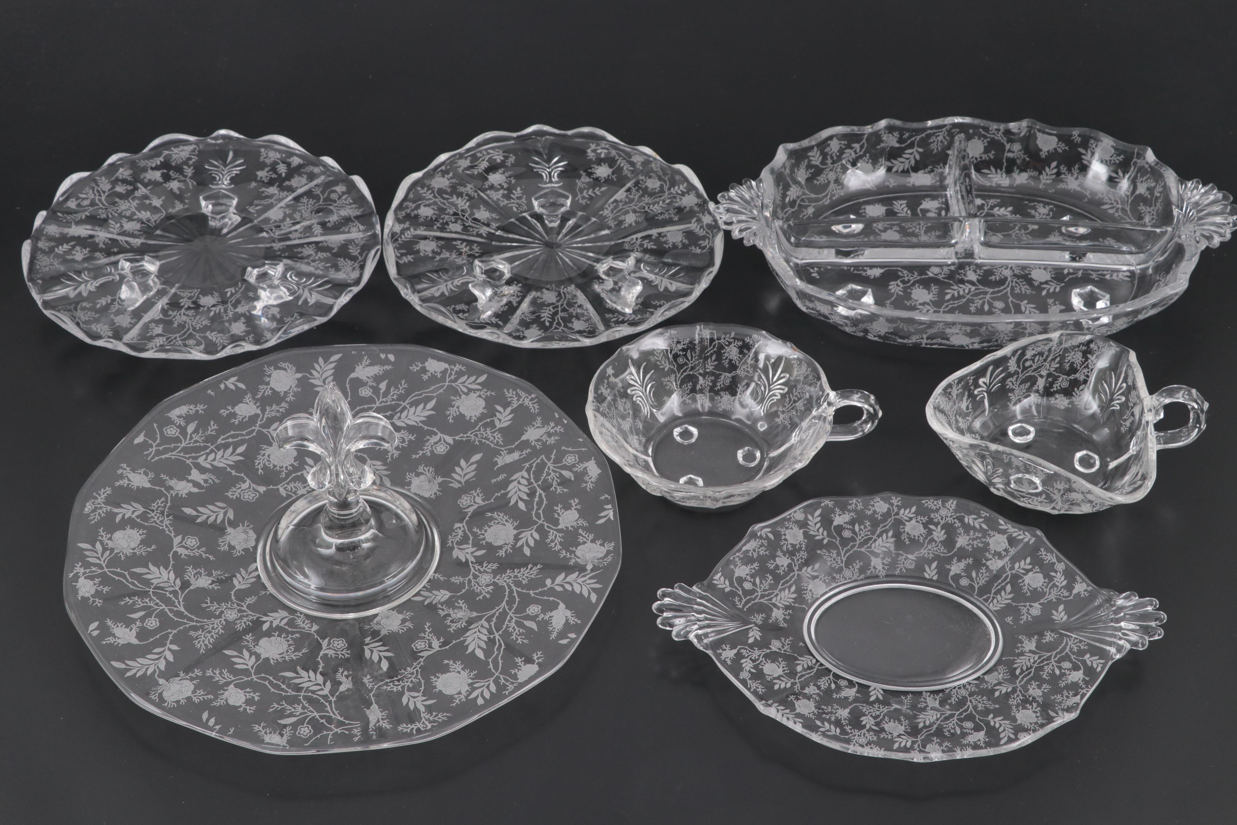Fostoria Etchted Glass "Chintz" Serving Pieces and Tableware, 1940-1973