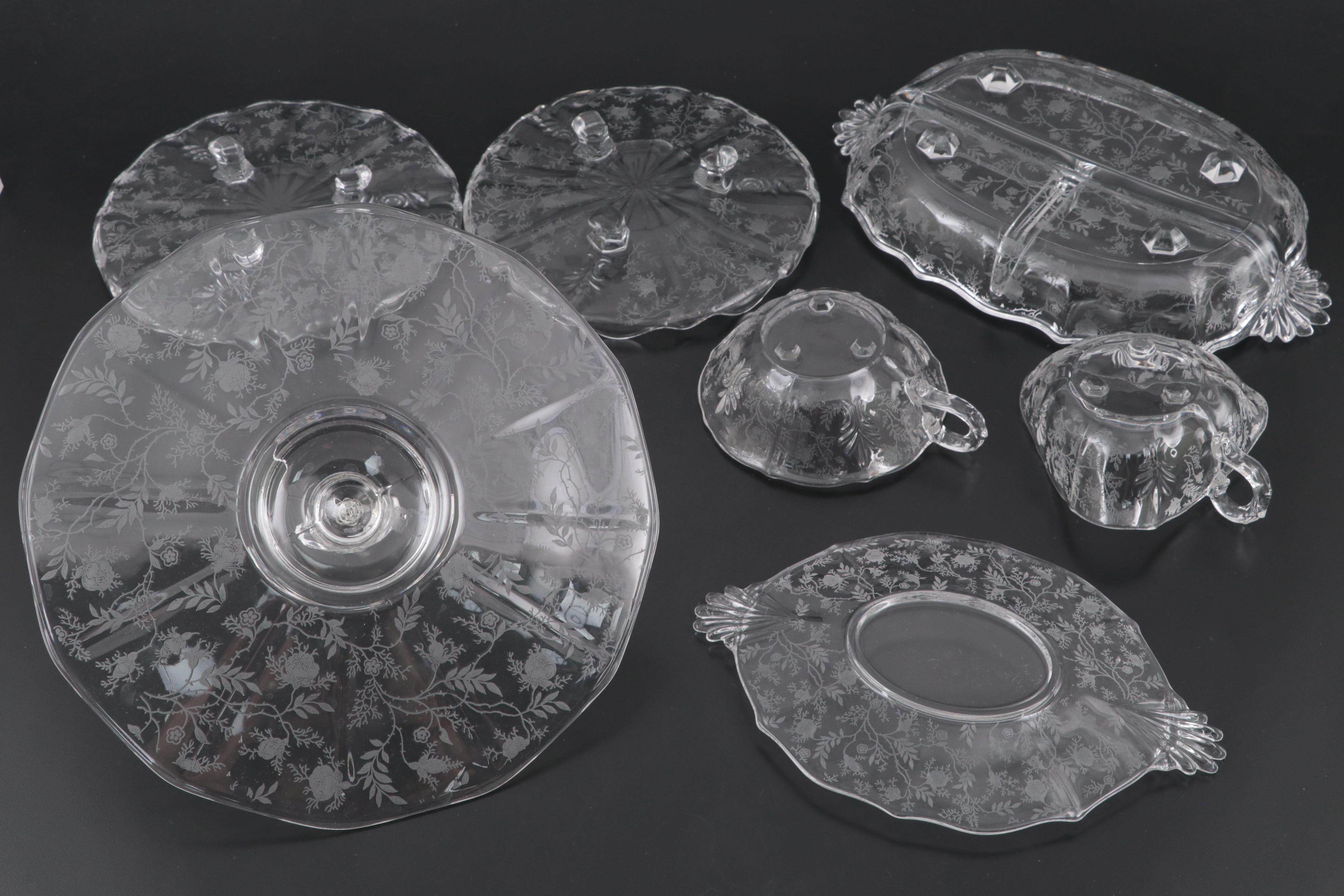 Fostoria Etchted Glass "Chintz" Serving Pieces and Tableware, 1940-1973