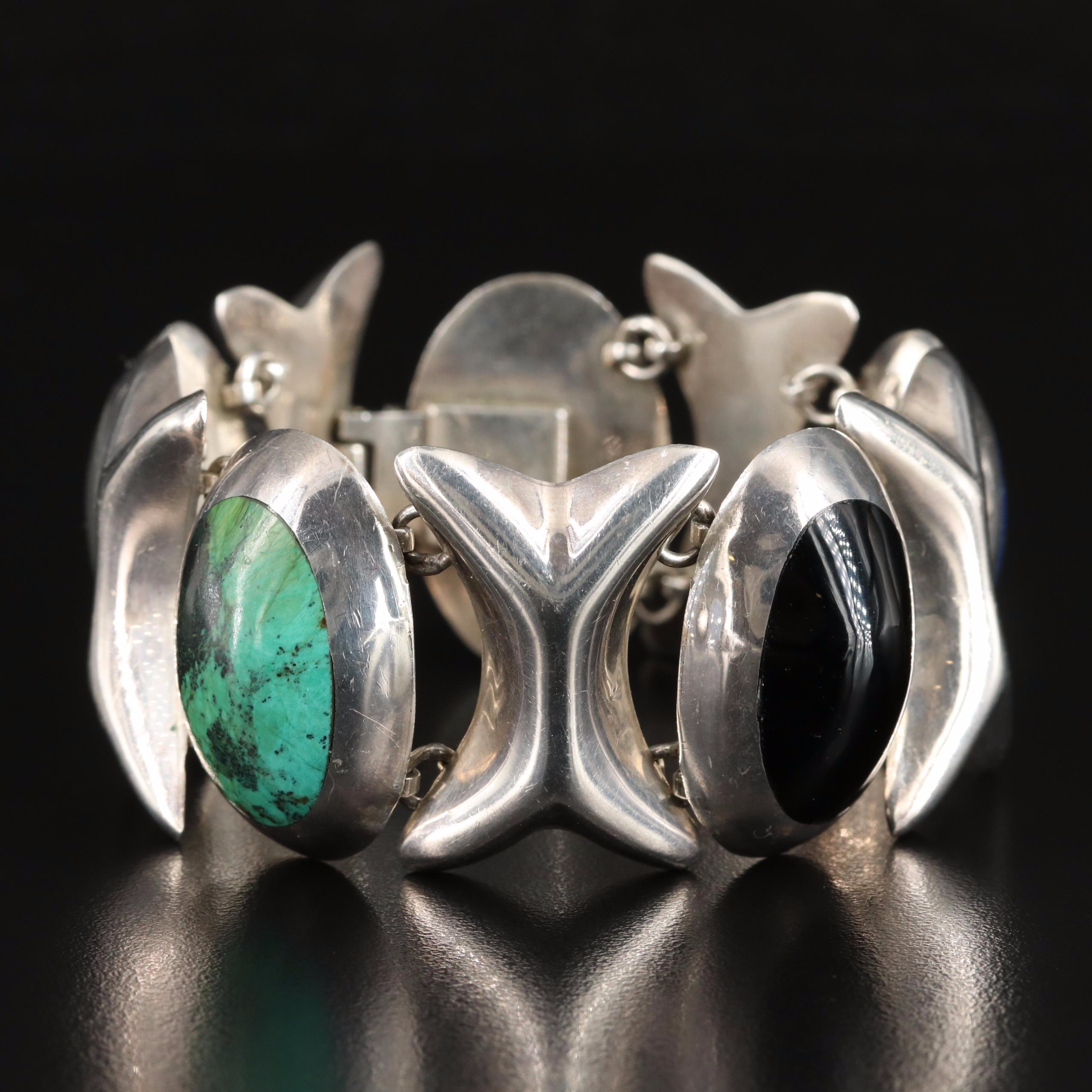 Mexican Sterling Wide Bracelet with Turquoise, Sodalite and Obsidians