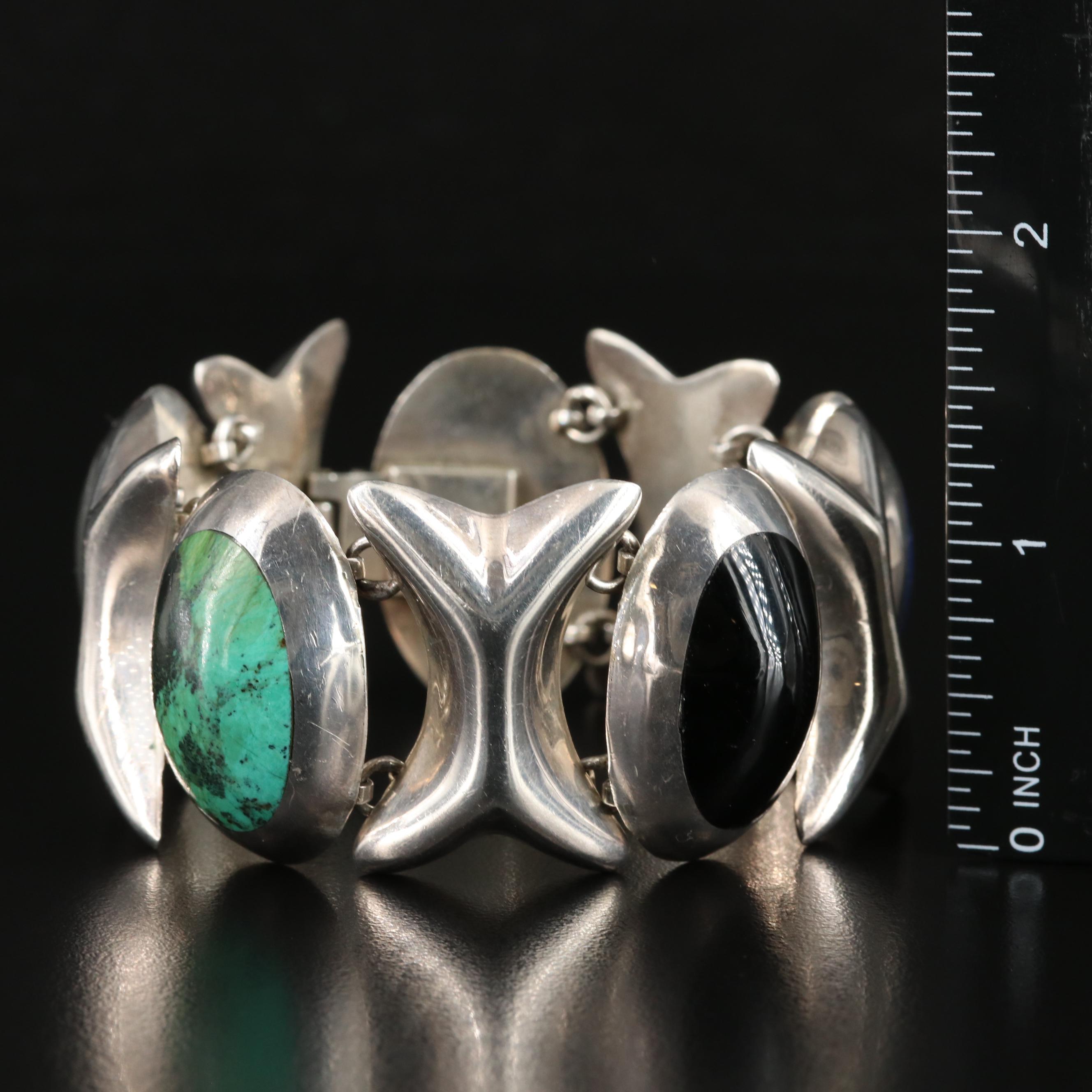 Mexican Sterling Wide Bracelet with Turquoise, Sodalite and Obsidians