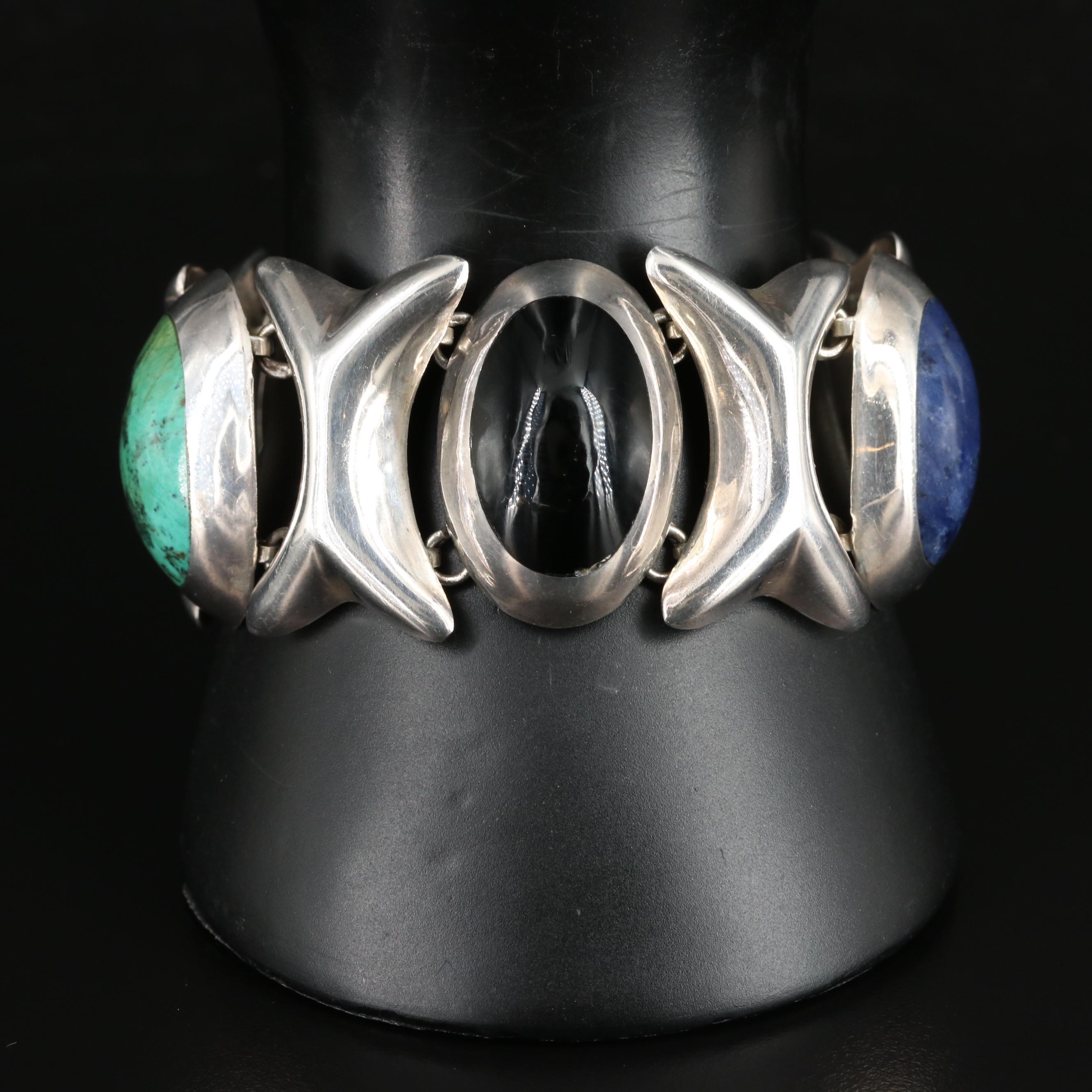 Mexican Sterling Wide Bracelet with Turquoise, Sodalite and Obsidians