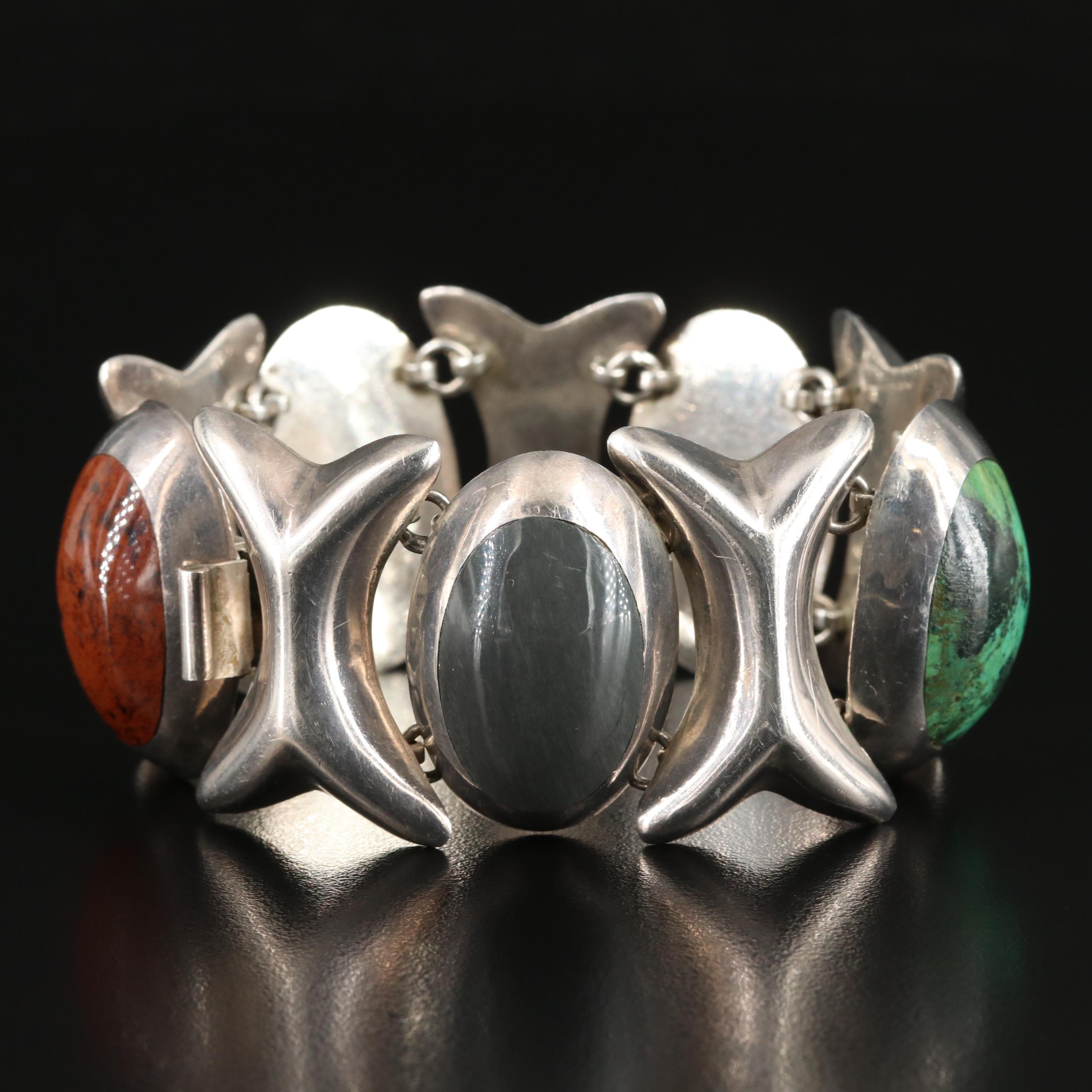 Mexican Sterling Wide Bracelet with Turquoise, Sodalite and Obsidians