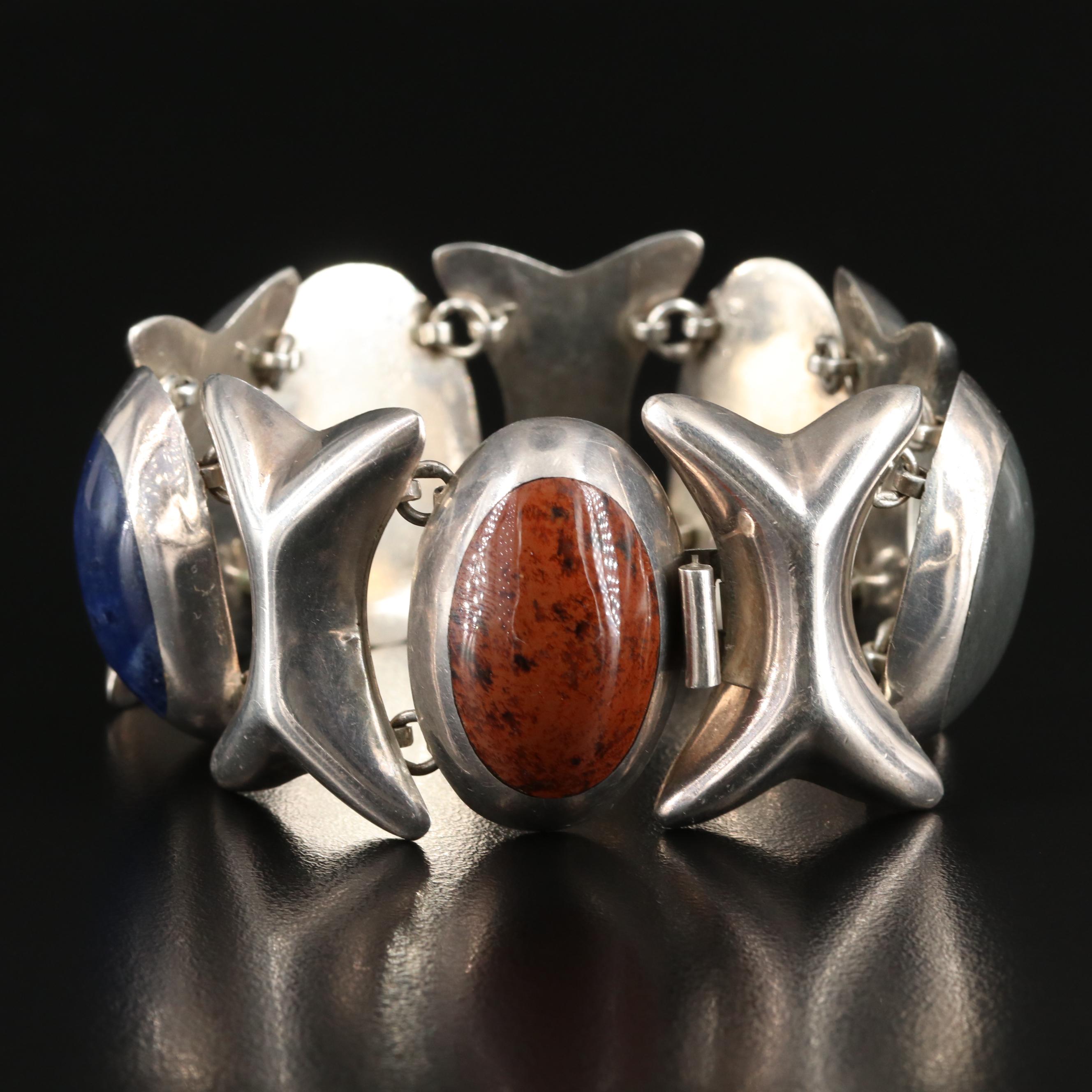 Mexican Sterling Wide Bracelet with Turquoise, Sodalite and Obsidians