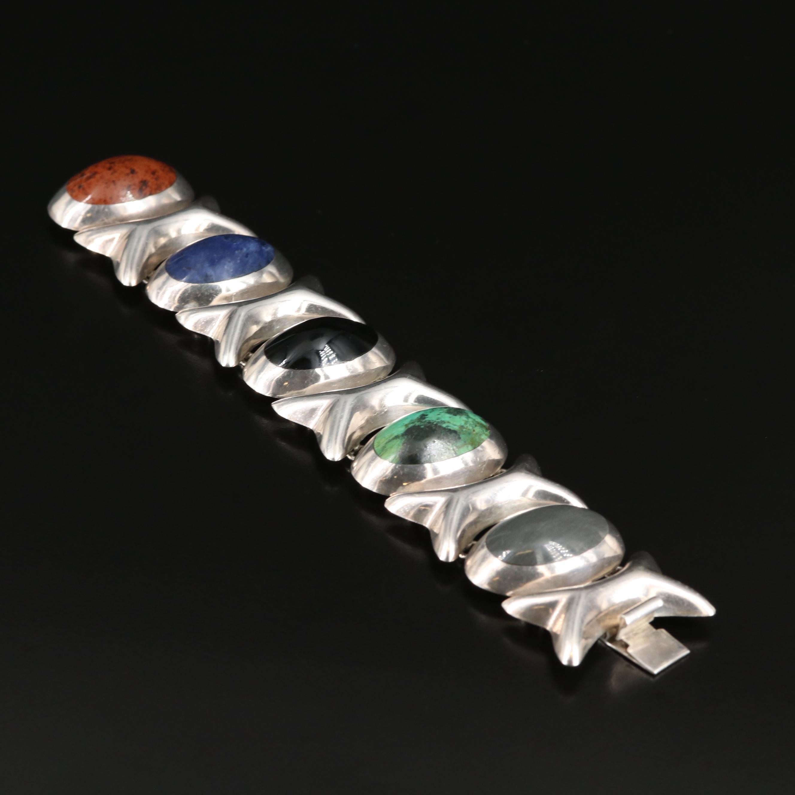 Mexican Sterling Wide Bracelet with Turquoise, Sodalite and Obsidians