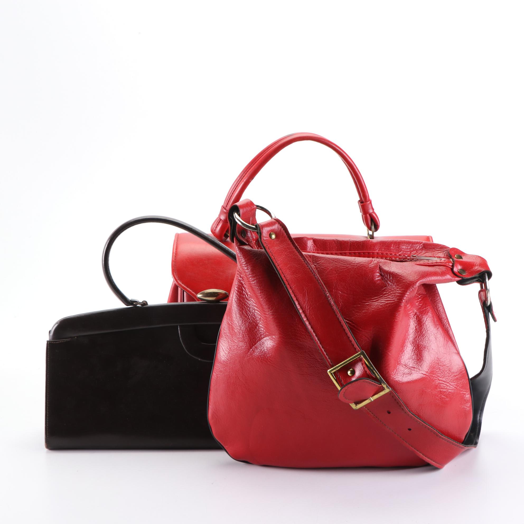 Dark Brown Leather Frame Bag, Red Leather Top Handle Bag, and Shoulder Bag