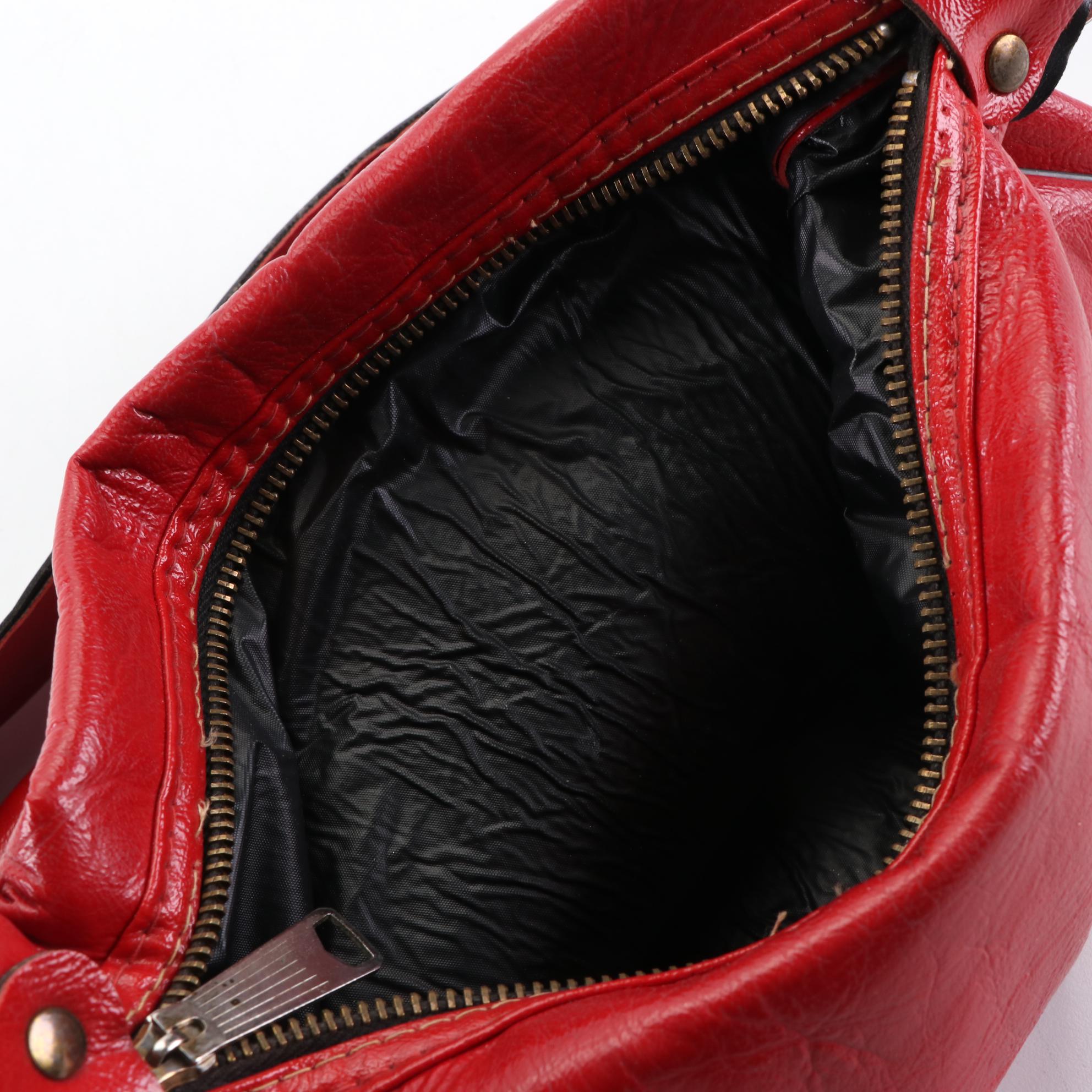 Dark Brown Leather Frame Bag, Red Leather Top Handle Bag, and Shoulder Bag