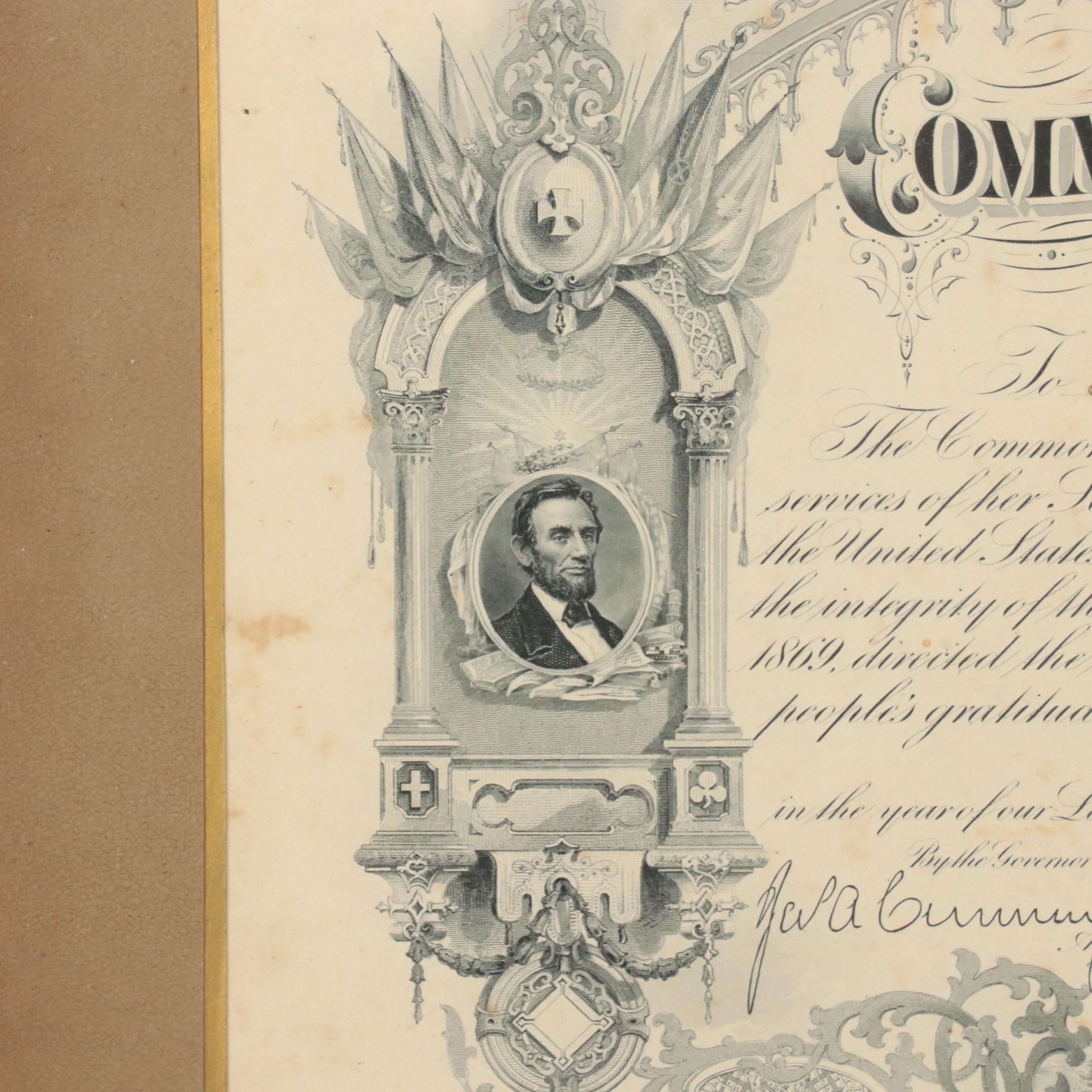Commonwealth of Massachusetts 1870 Military Honor Certificate