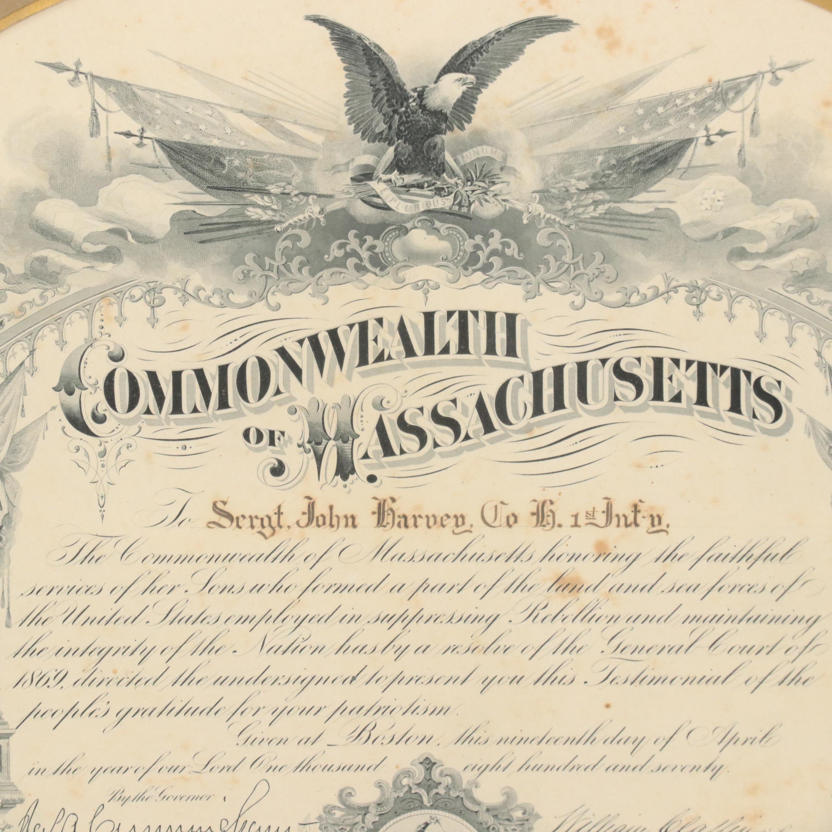 Commonwealth of Massachusetts 1870 Military Honor Certificate