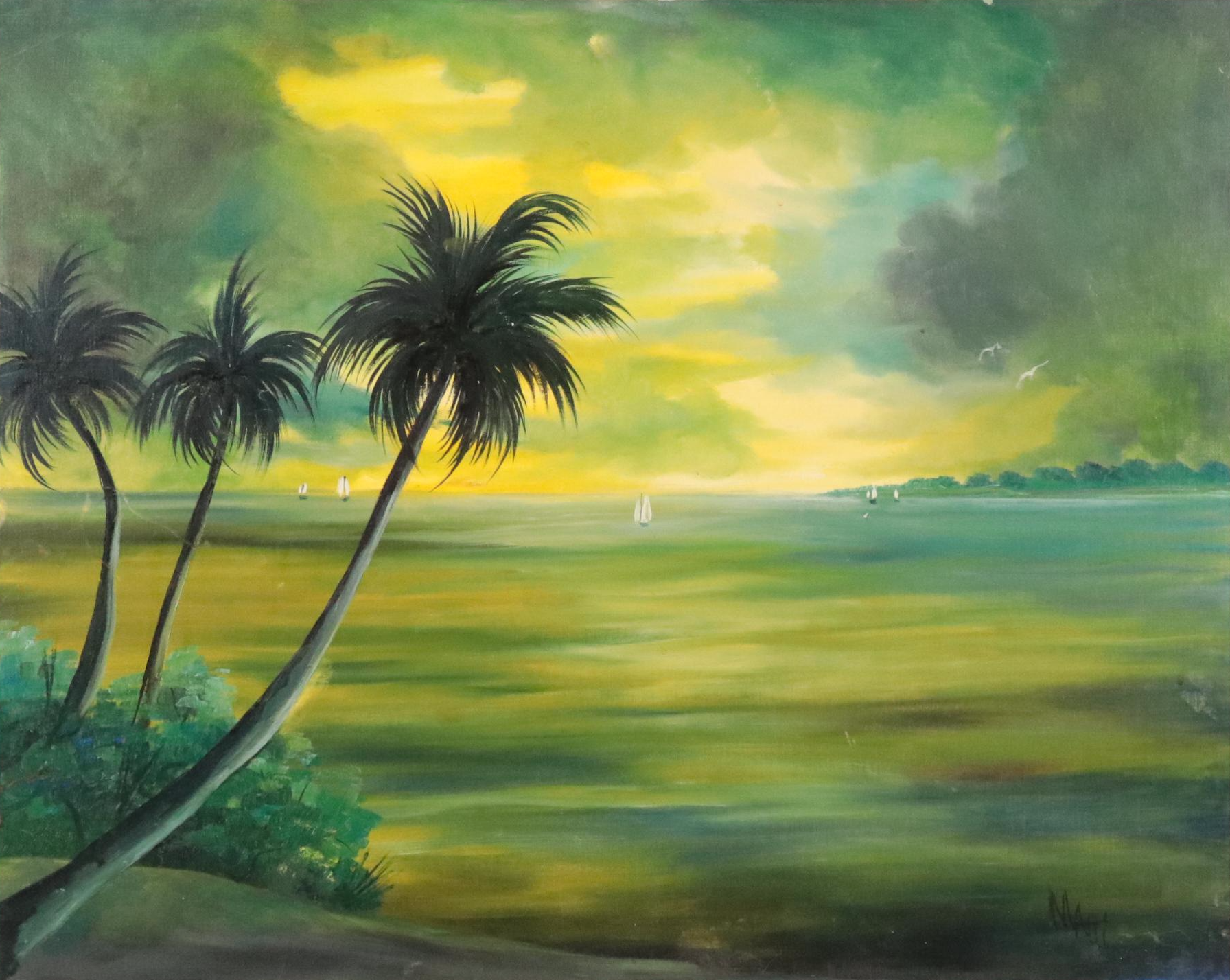 Seascape Oil Painting of Beach Scene With Ships