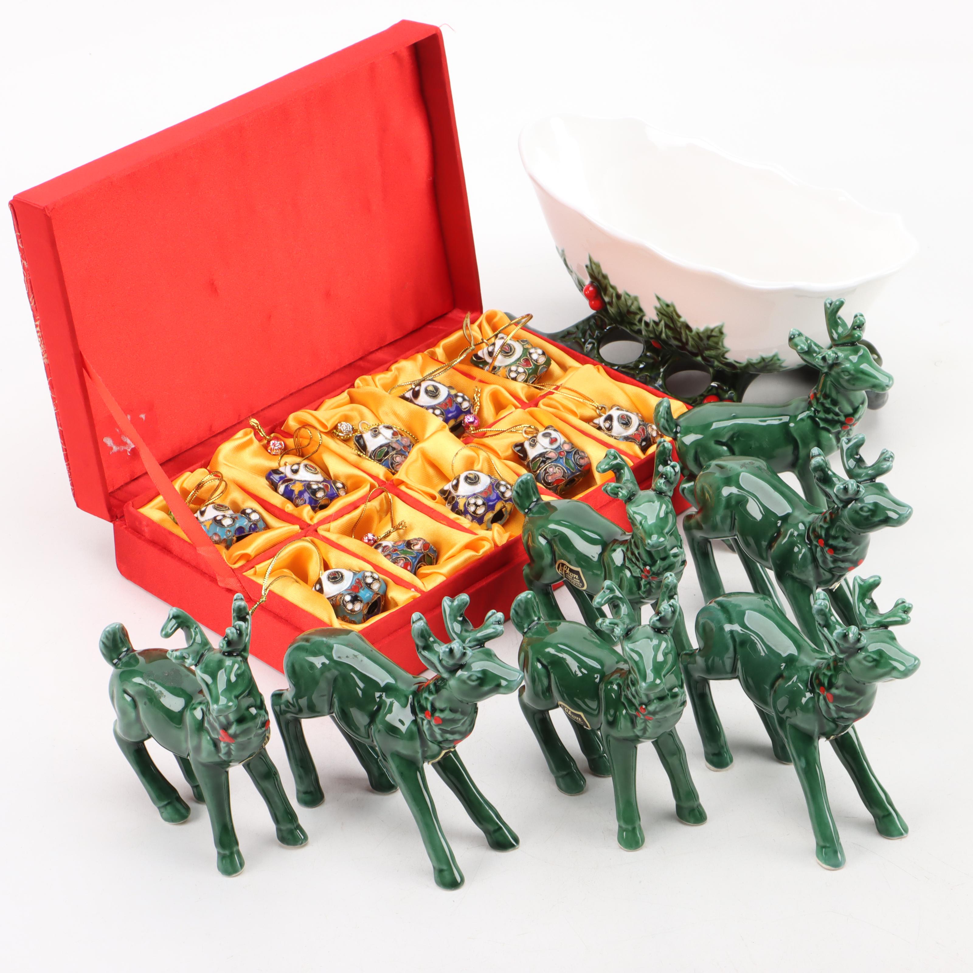 Lefton Ceramic Holly Reindeer and Sleigh with Cloisonné Panda Ornaments