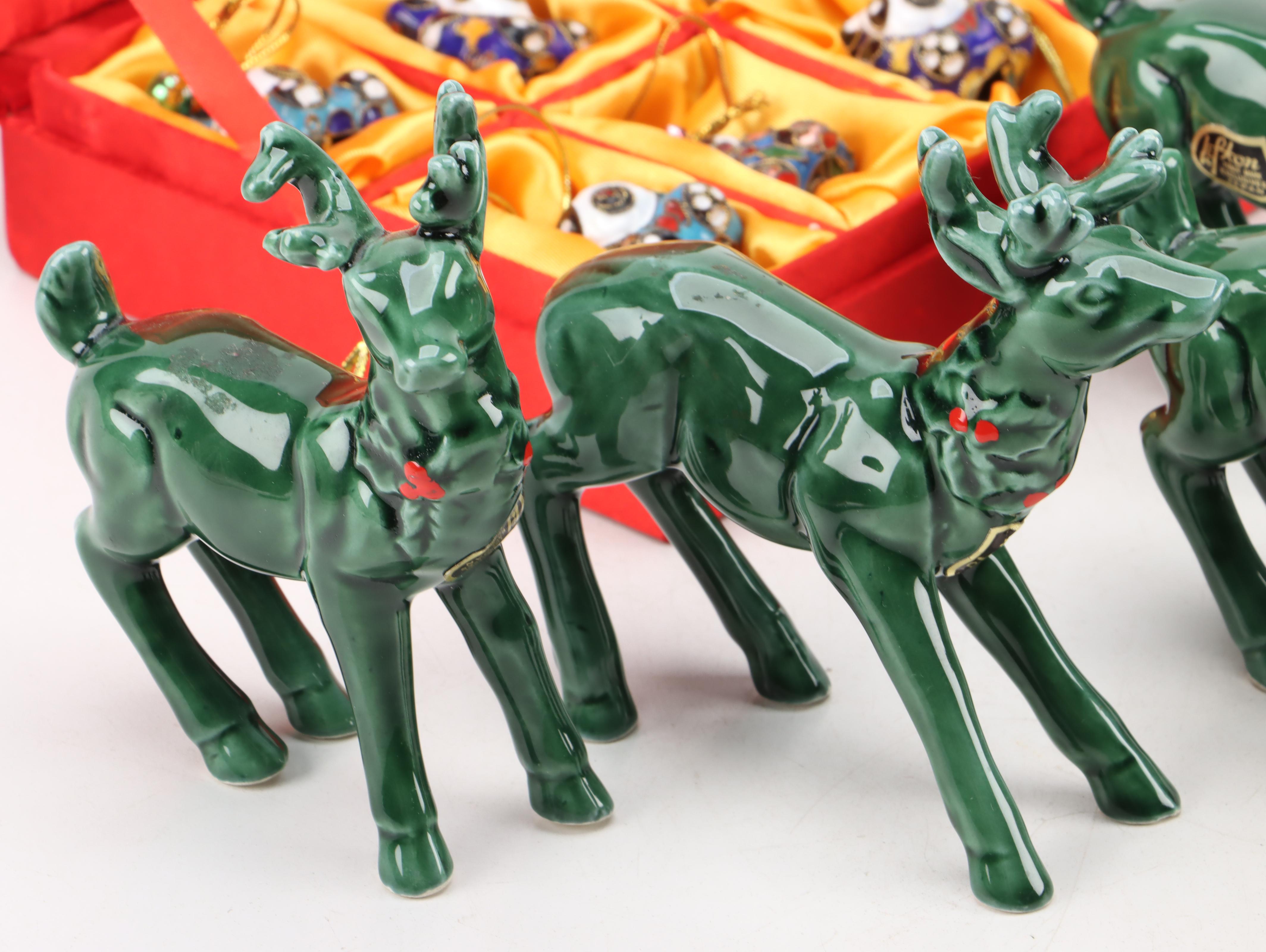 Lefton Ceramic Holly Reindeer and Sleigh with Cloisonné Panda Ornaments