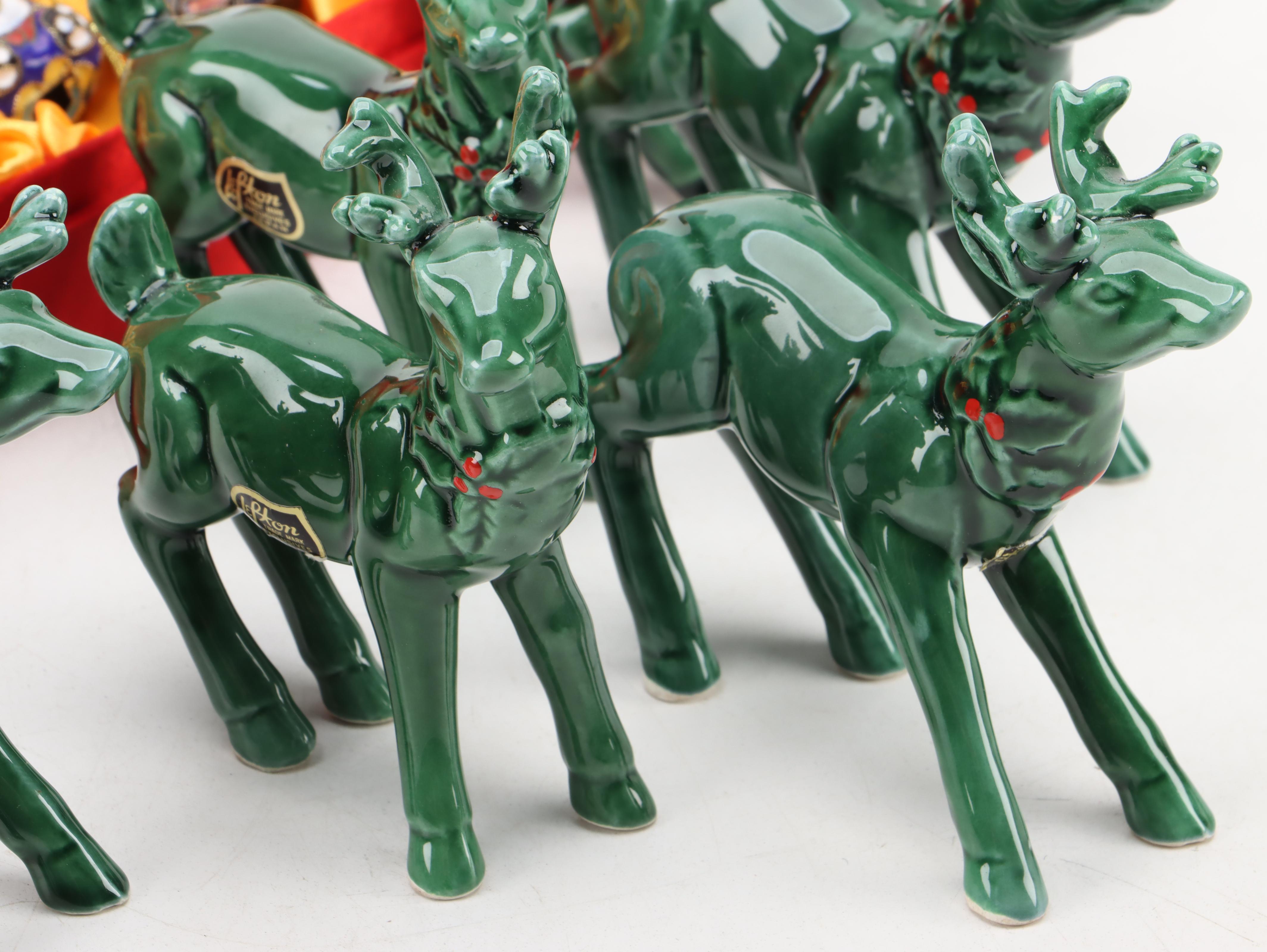 Lefton Ceramic Holly Reindeer and Sleigh with Cloisonné Panda Ornaments