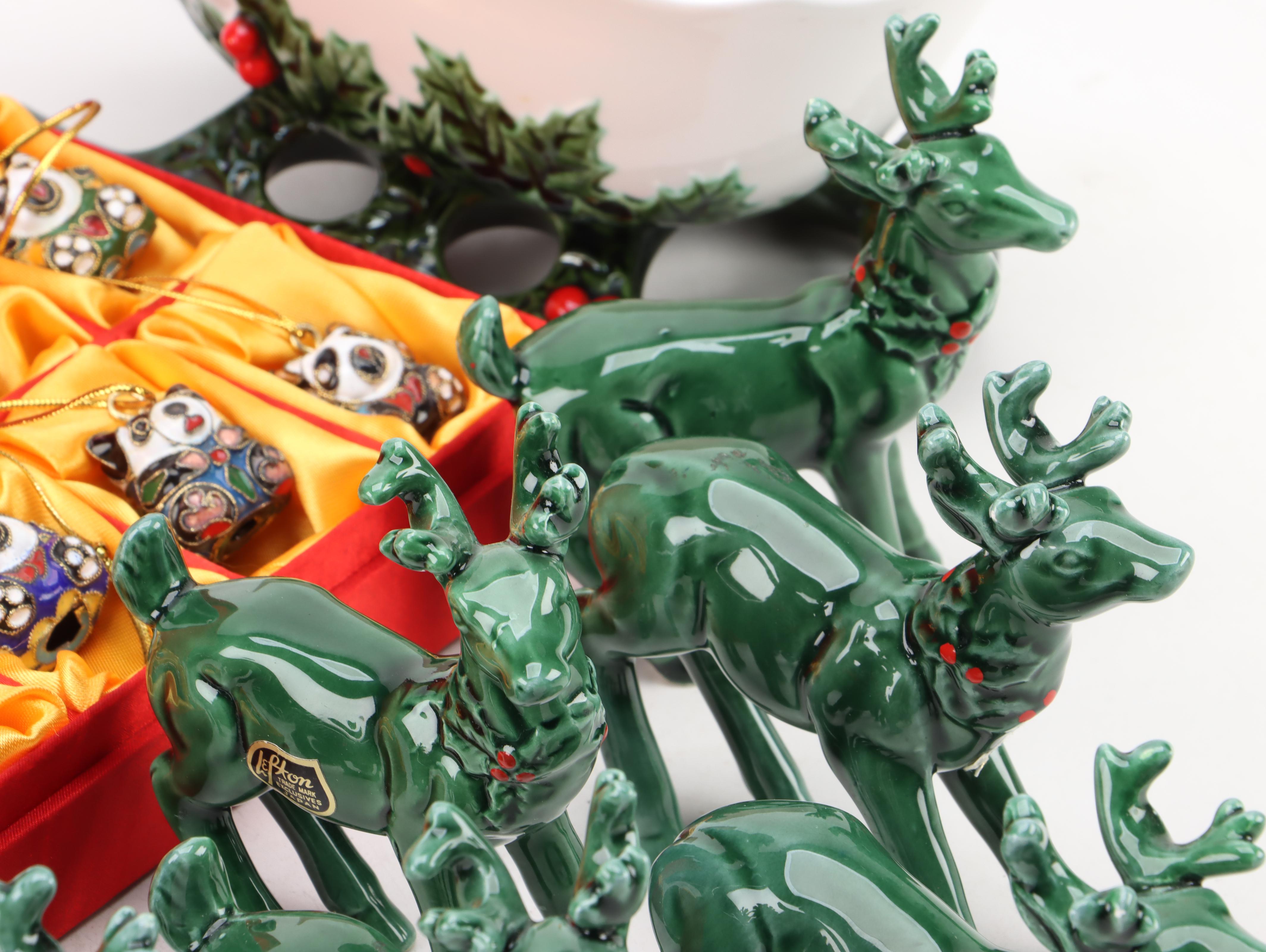 Lefton Ceramic Holly Reindeer and Sleigh with Cloisonné Panda Ornaments