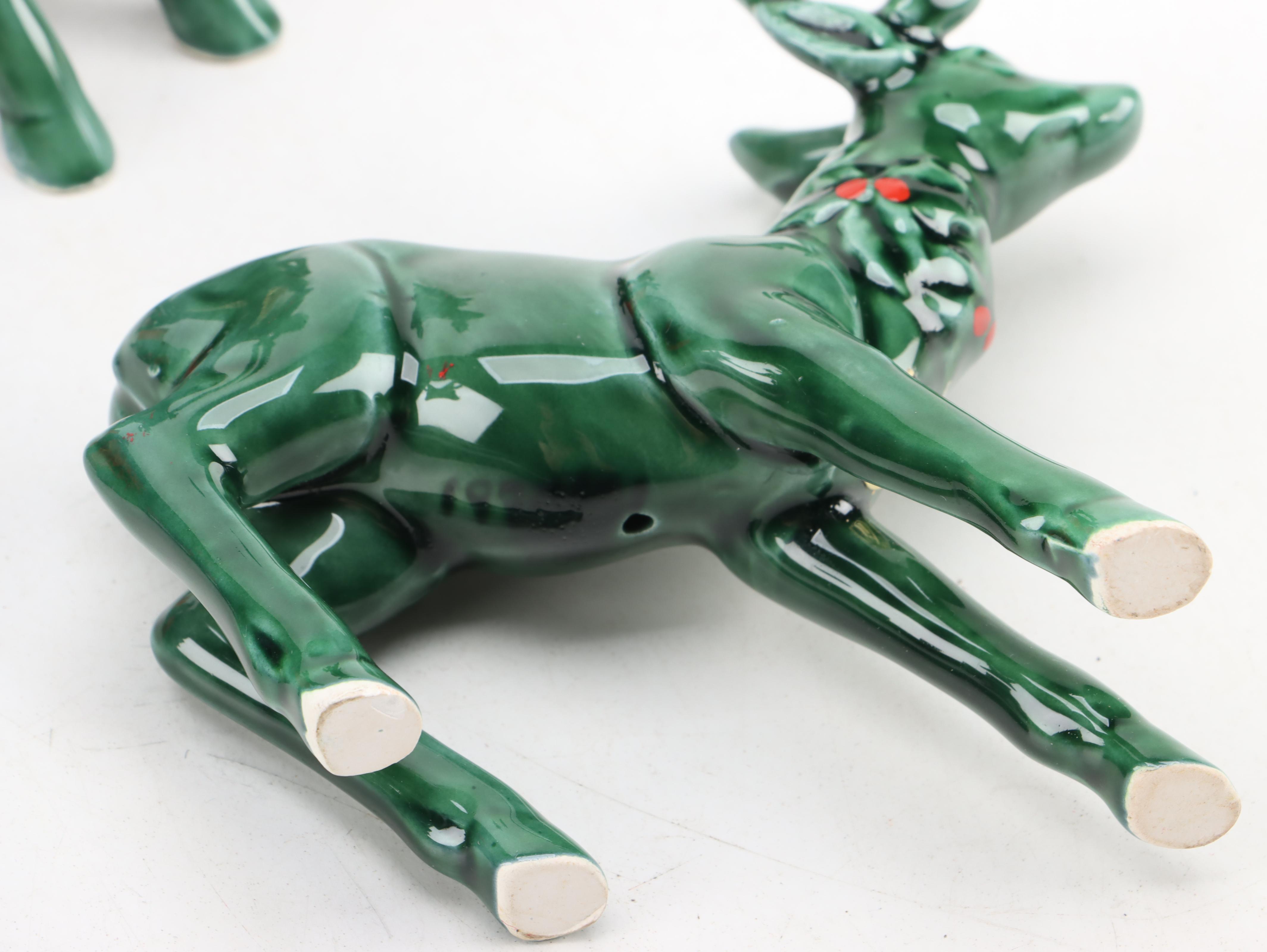 Lefton Ceramic Holly Reindeer and Sleigh with Cloisonné Panda Ornaments