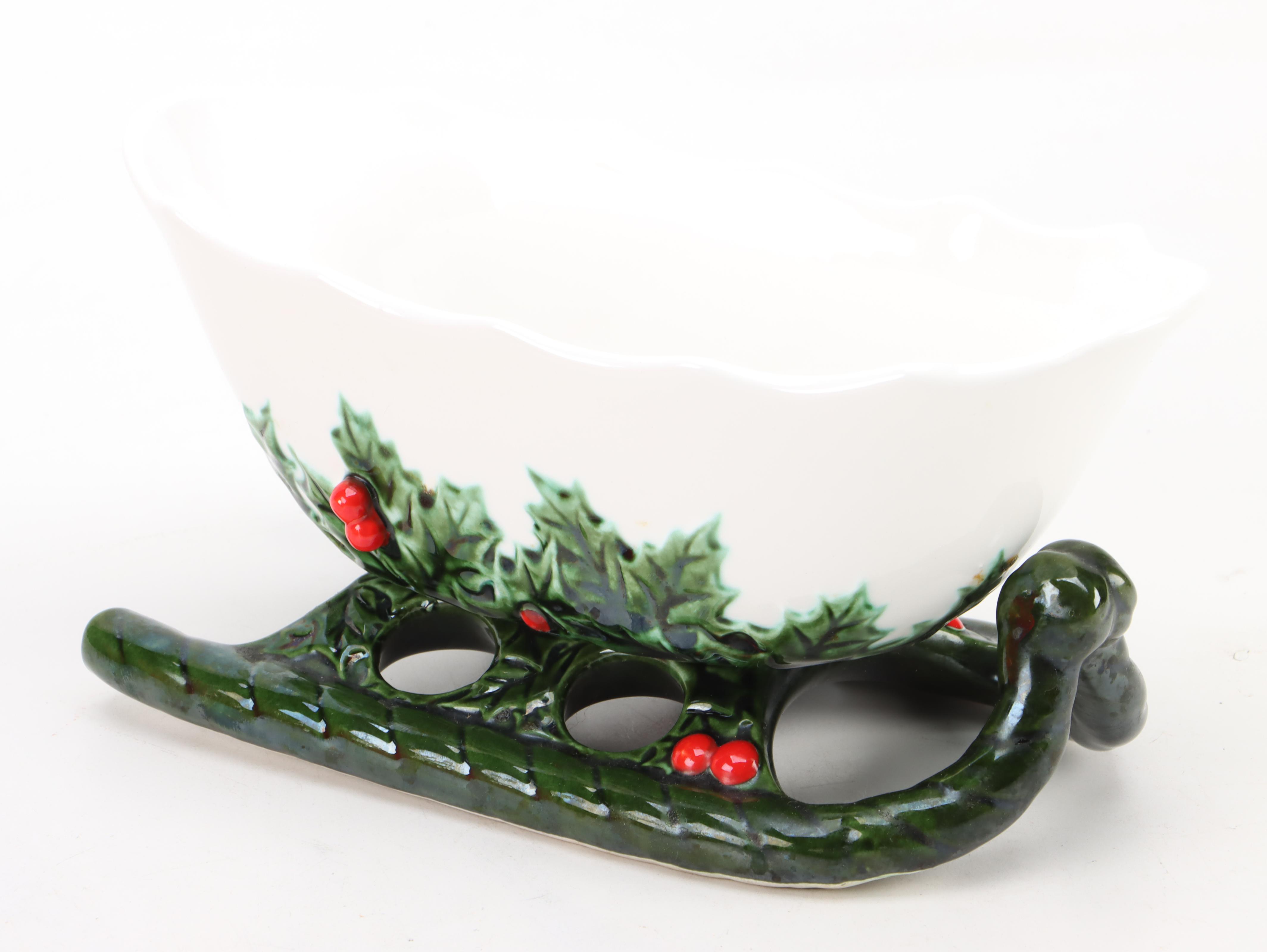 Lefton Ceramic Holly Reindeer and Sleigh with Cloisonné Panda Ornaments