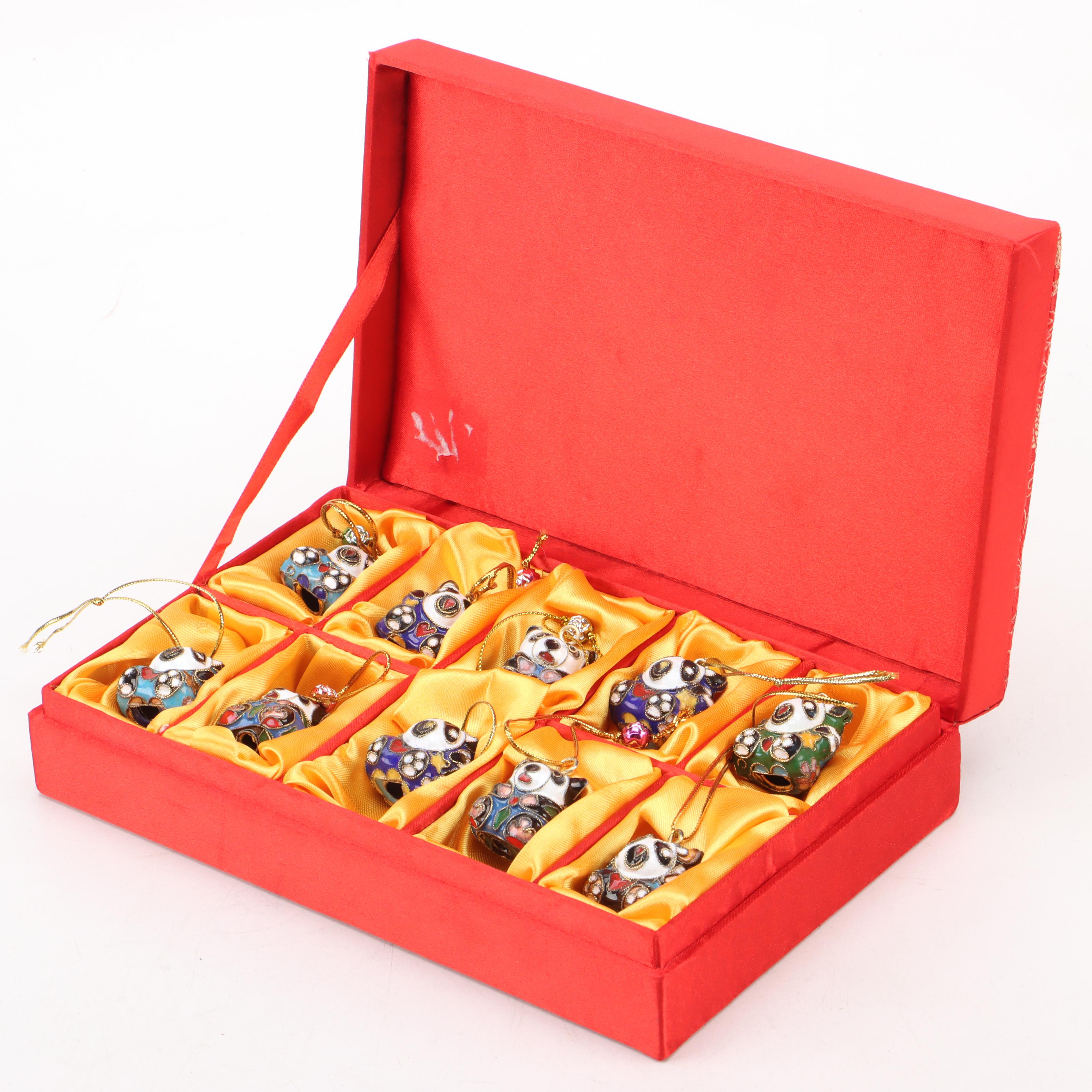 Lefton Ceramic Holly Reindeer and Sleigh with Cloisonné Panda Ornaments