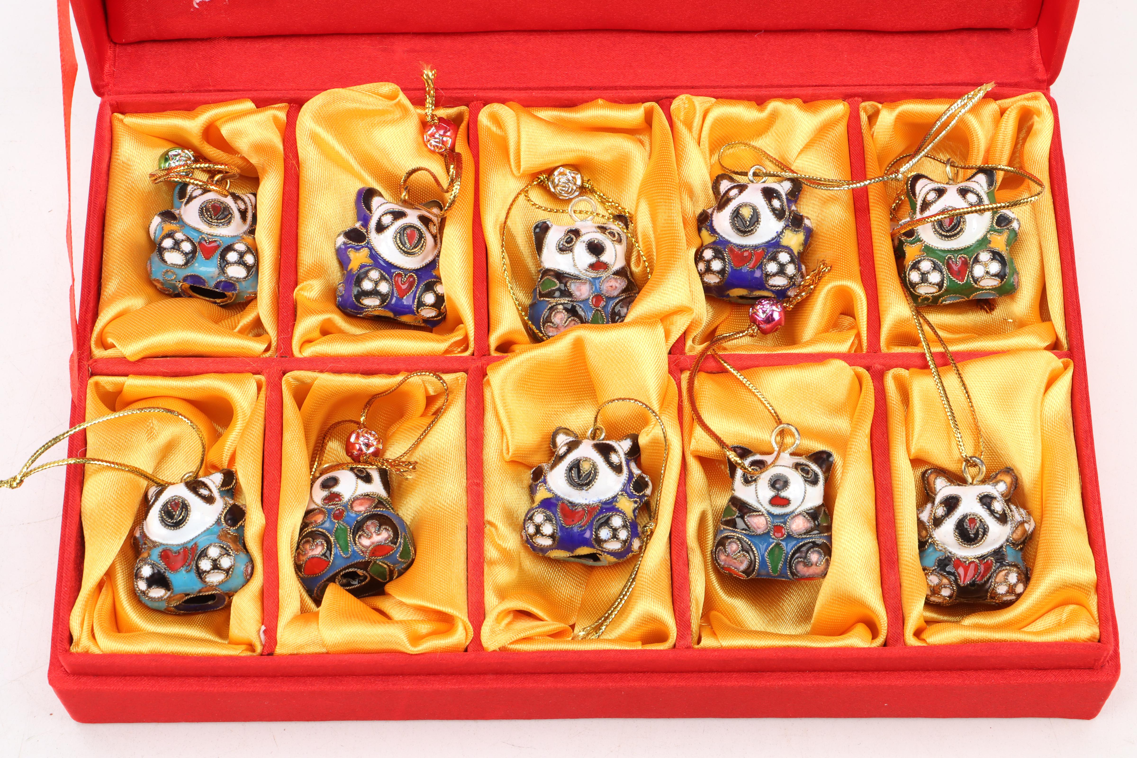 Lefton Ceramic Holly Reindeer and Sleigh with Cloisonné Panda Ornaments