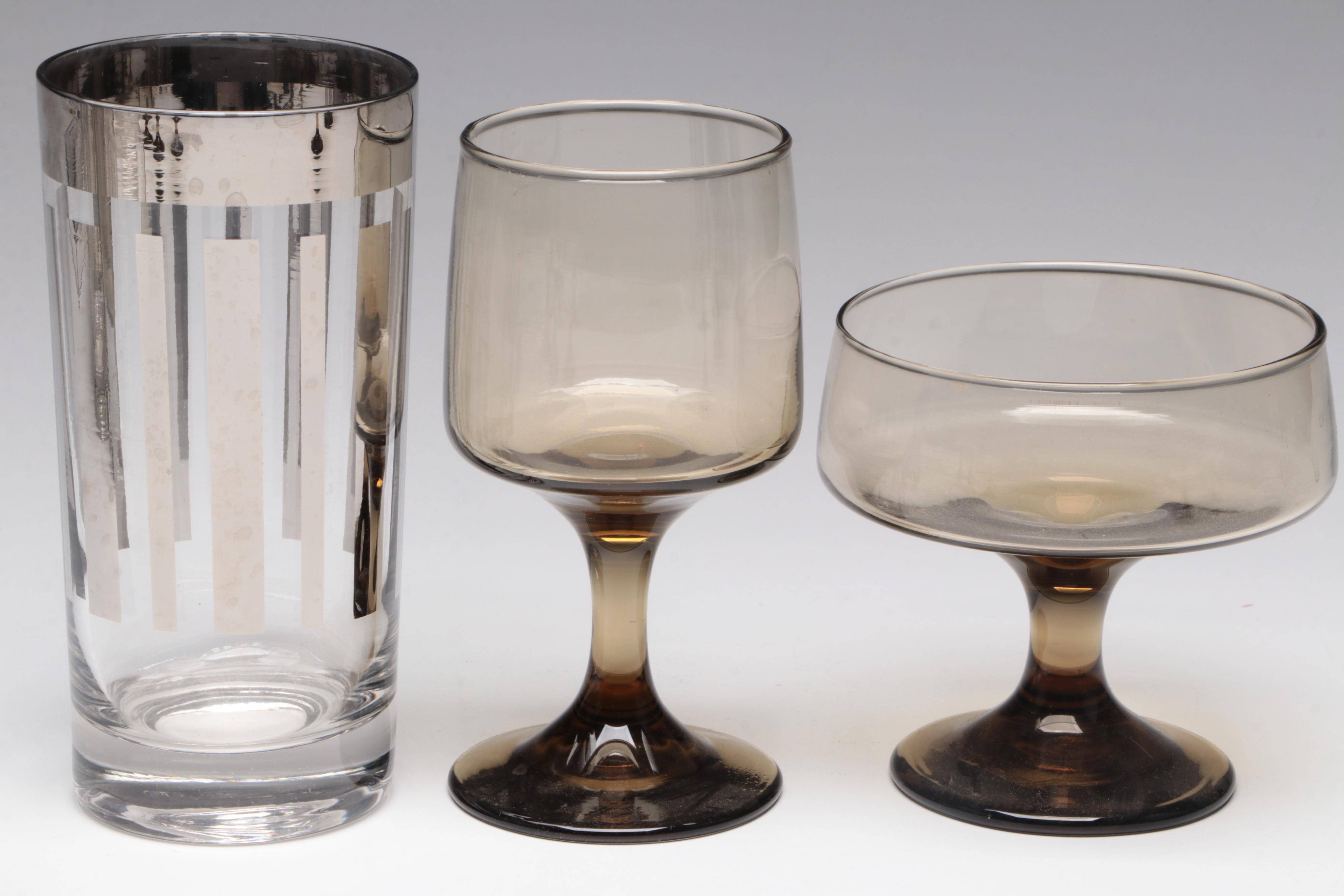 Pyrex Glass Pitcher with Other Tumblers and Smoke Glass Stemware, Mid-20th C.