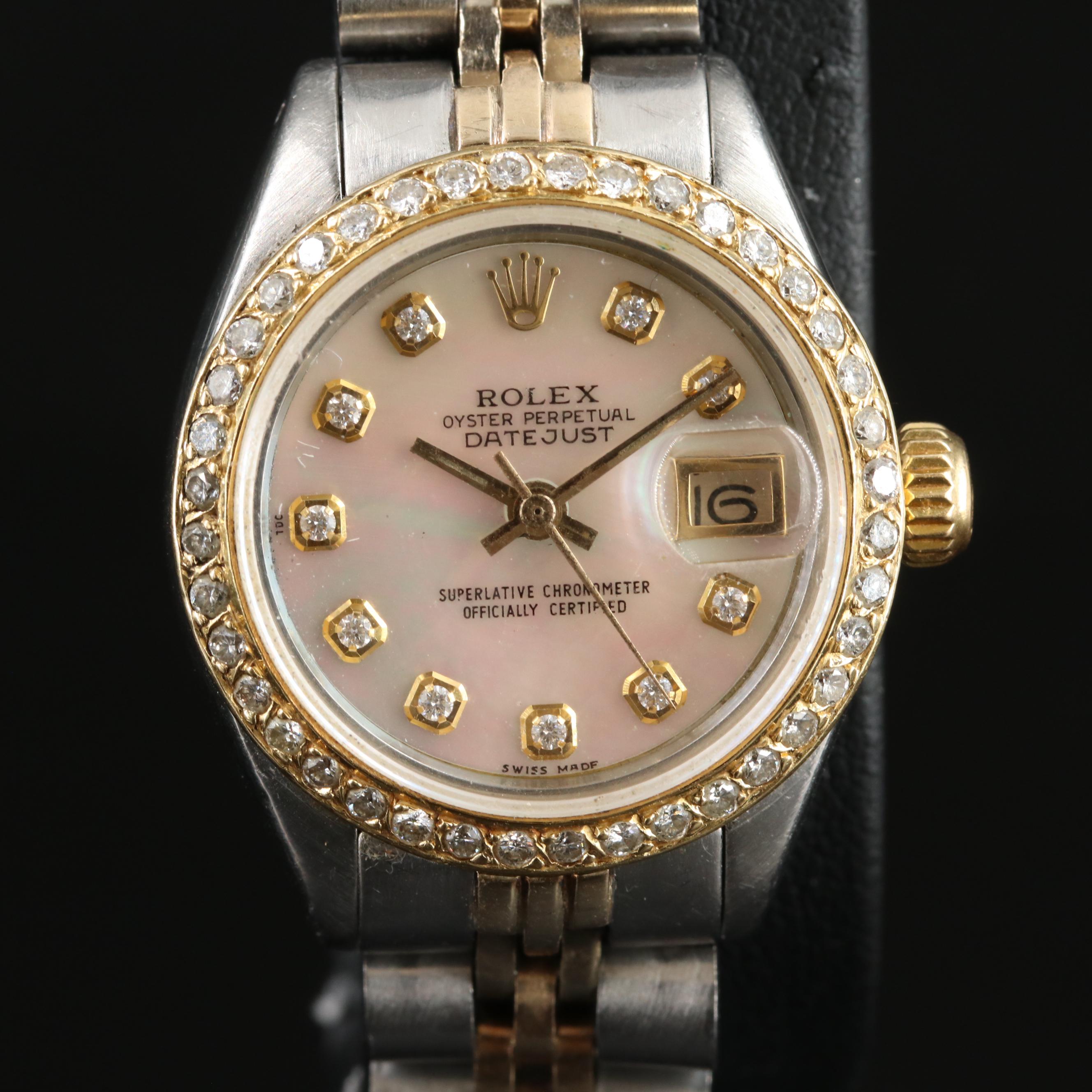 1977 Rolex Custom Mother-of-Pearl Diamond Dial and Bezel Datejust Watch