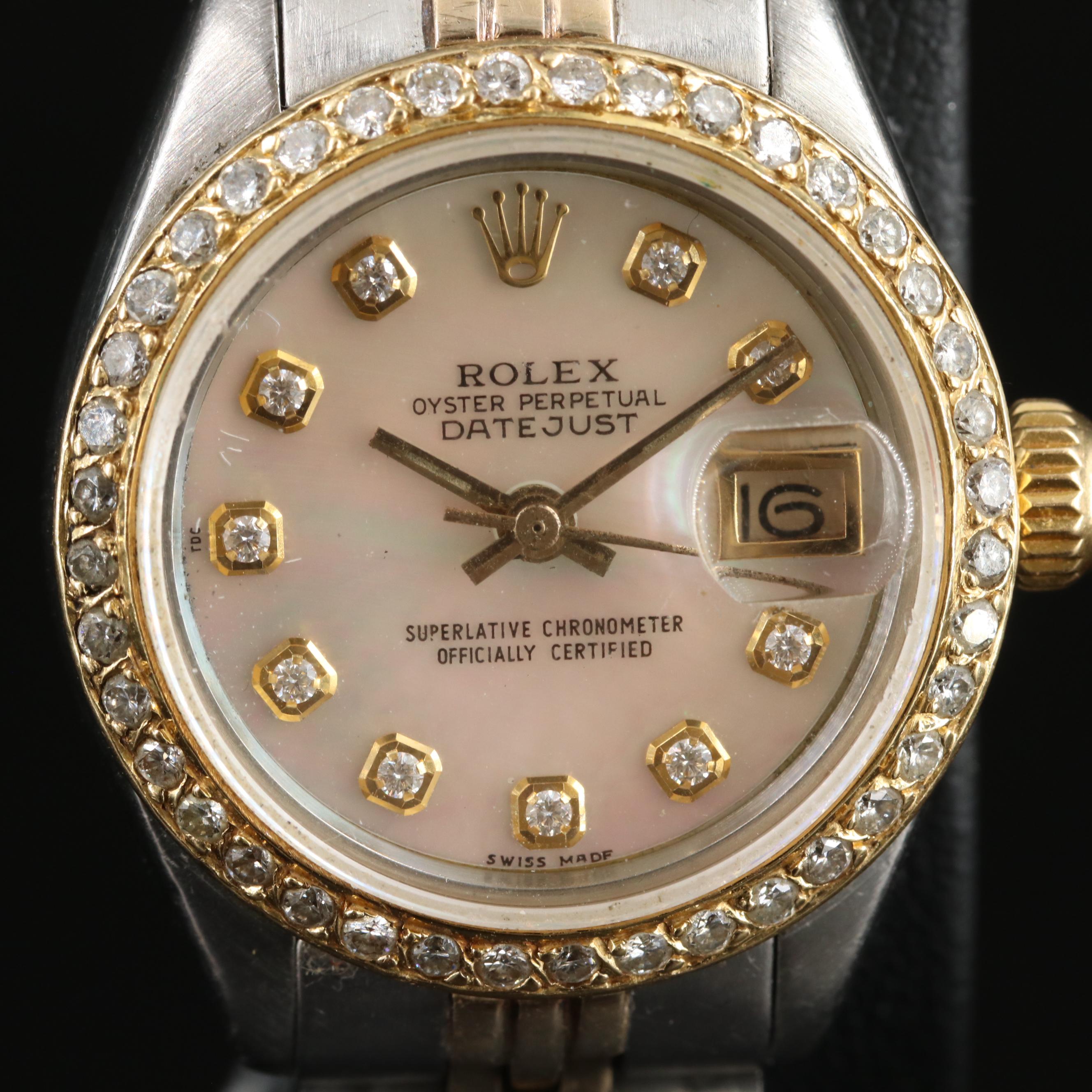 1977 Rolex Custom Mother-of-Pearl Diamond Dial and Bezel Datejust Watch