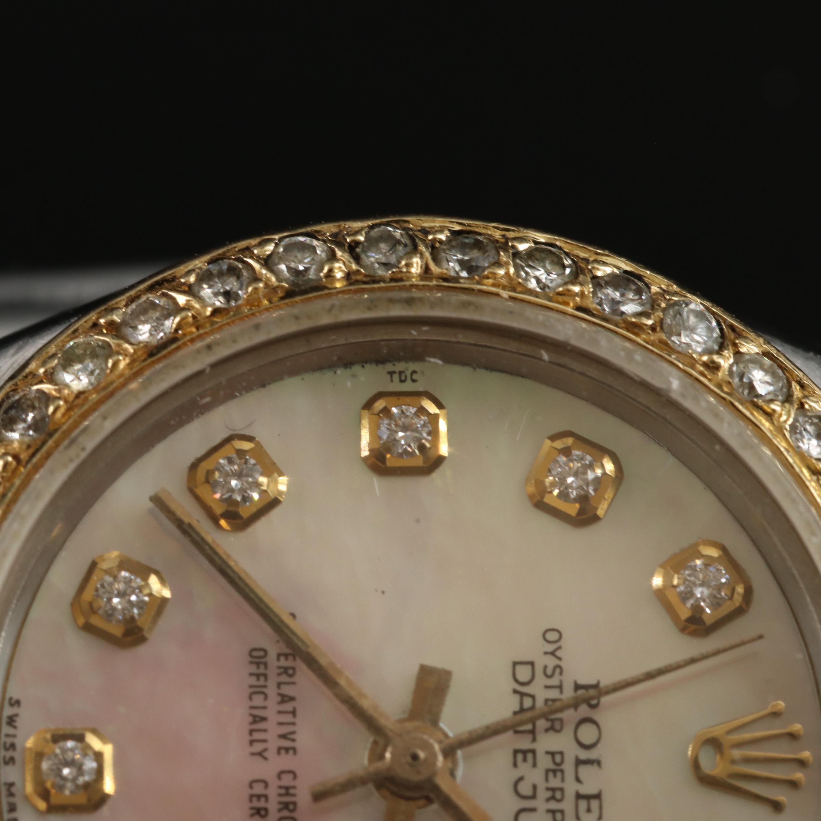 1977 Rolex Custom Mother-of-Pearl Diamond Dial and Bezel Datejust Watch