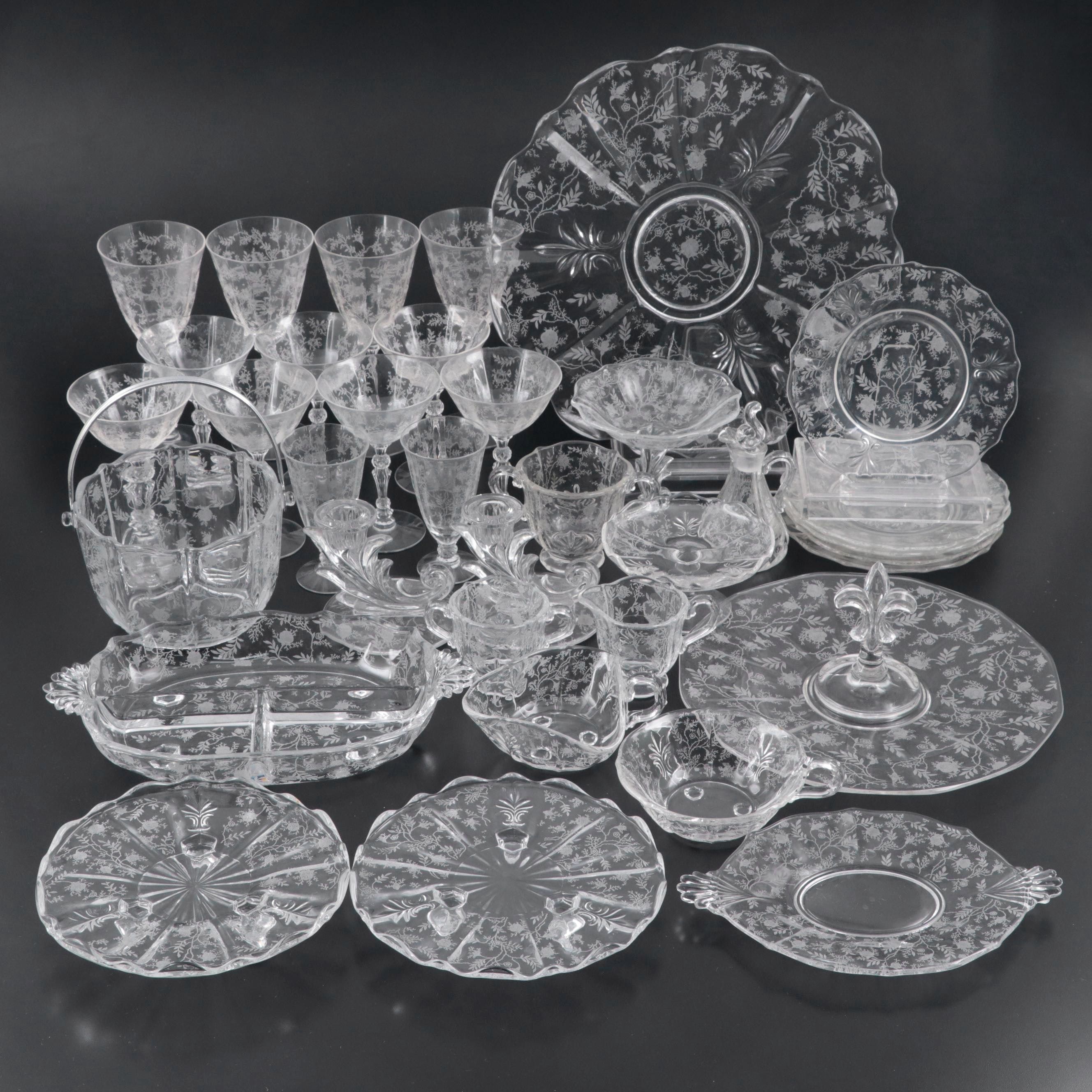 Fostoria Etchted Glass "Chintz" Serving Pieces and Tableware, 1940-1973
