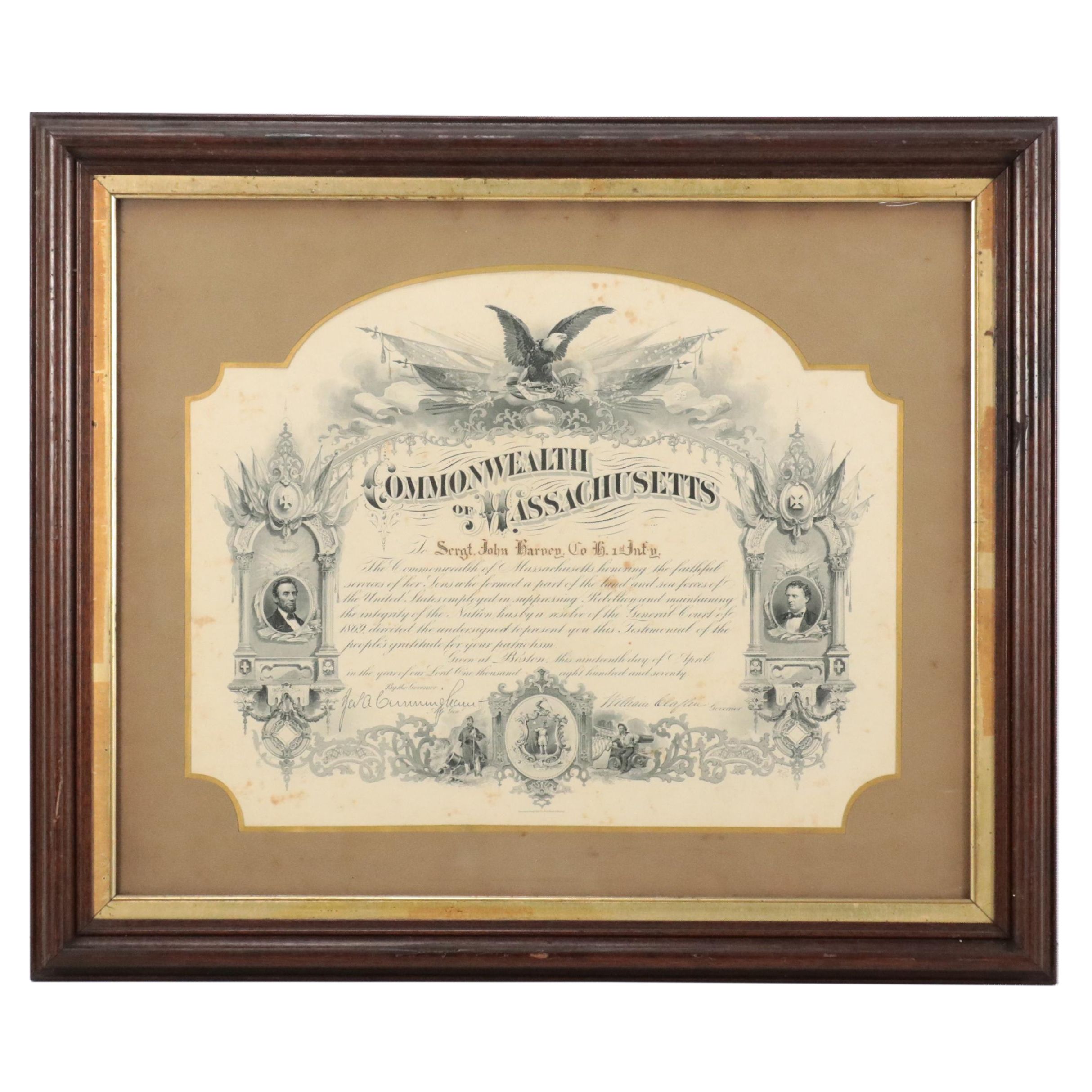 Commonwealth of Massachusetts 1870 Military Honor Certificate